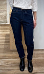 Jean mom indigo cropped dévoilant la cheville femme