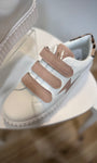 Sneakers blanches femme avec scratchs en suédine rose poudré