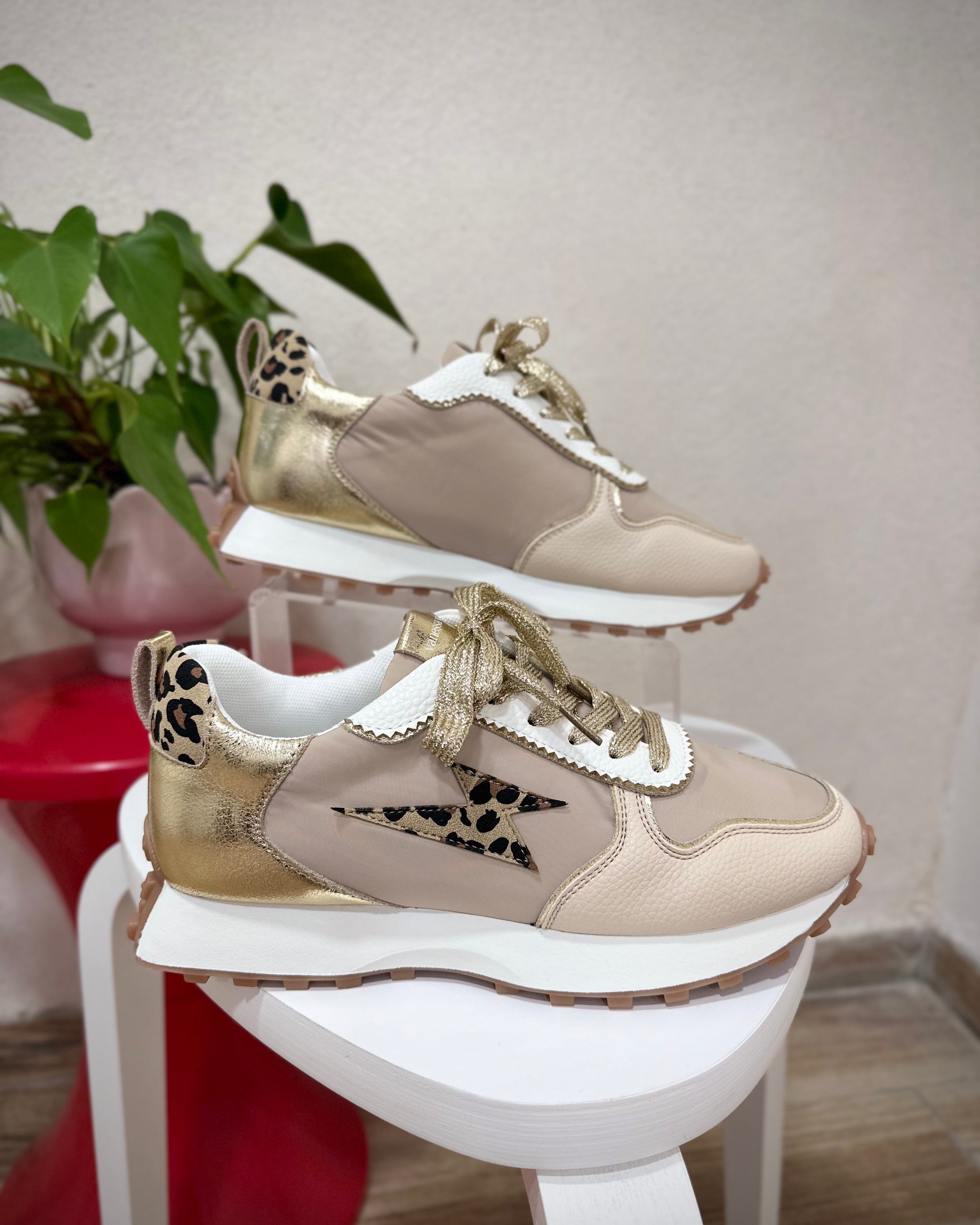 Baskets femme Vanessa Wu beige avec détails dorés et léopard