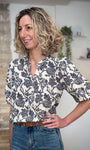 Blouse femme coton lin imprimé fleurs bleu marine 