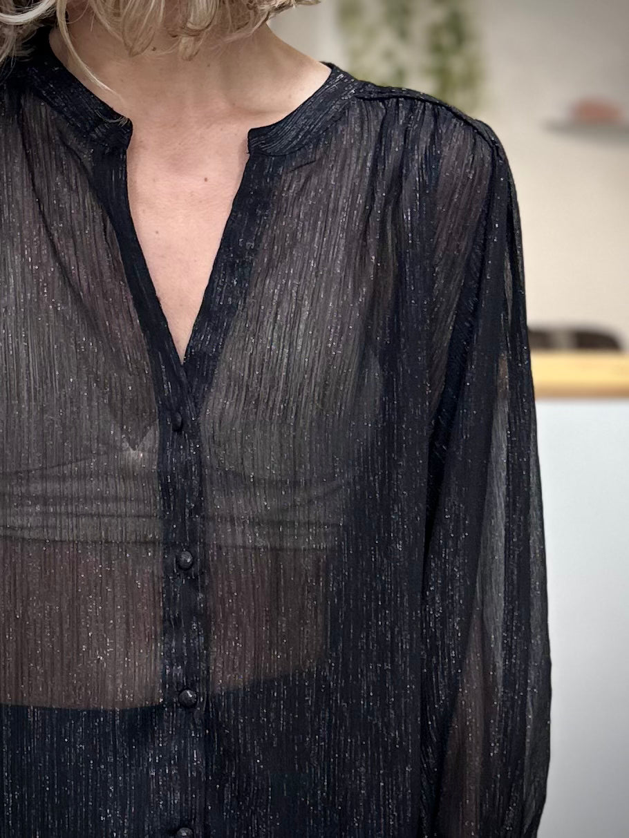 Encolure ronde fendue en V blouse noire femme