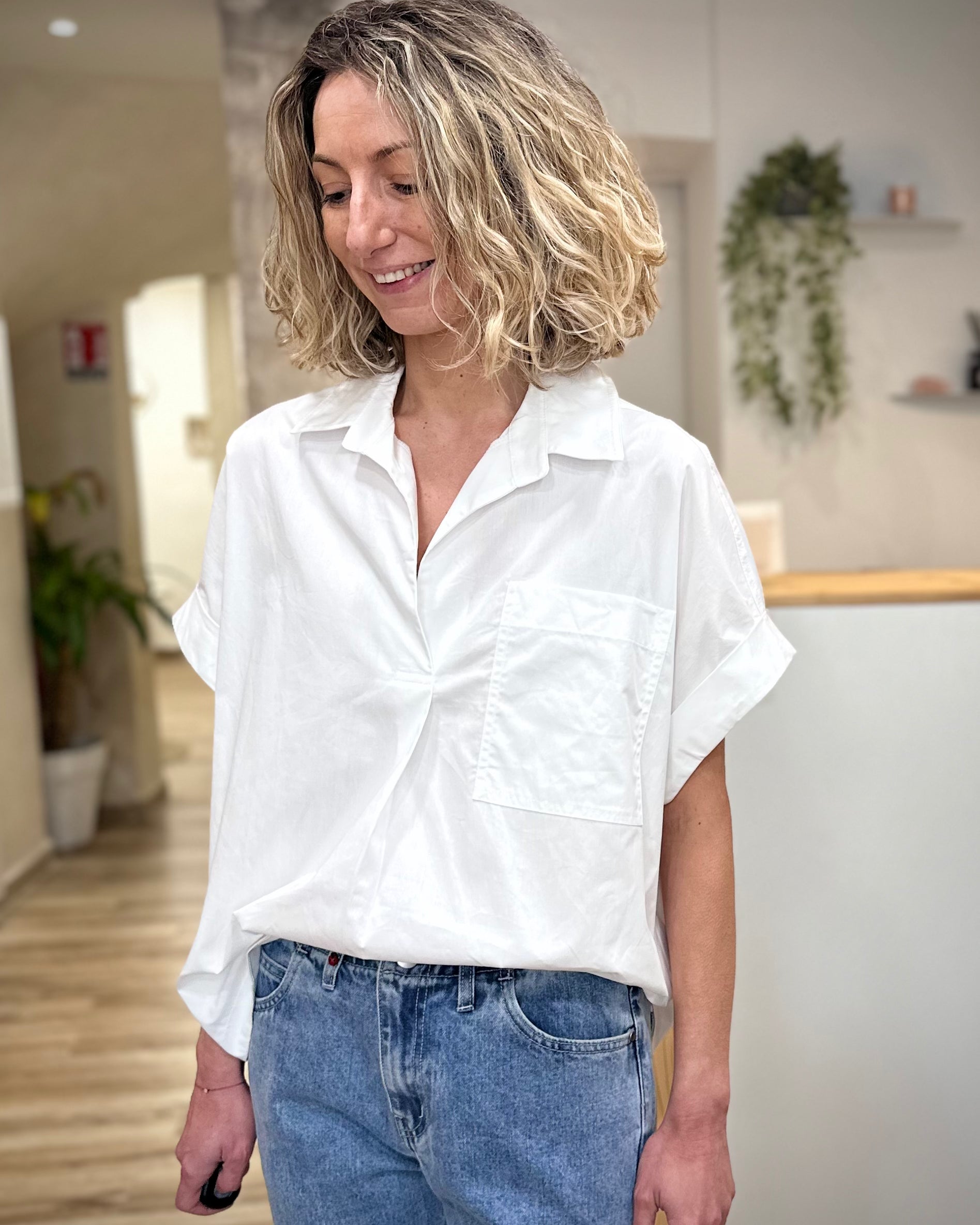 Blouse fluide coton ivoire manches courtes femme