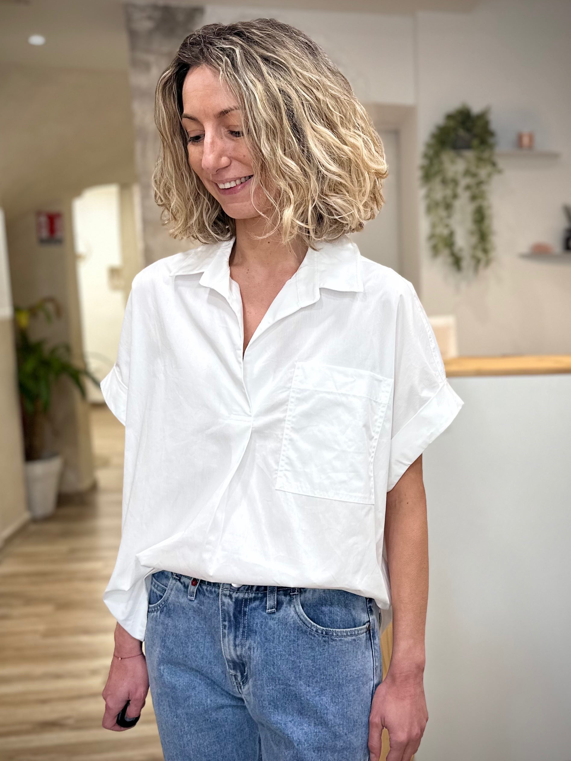 Blouse fluide coton ivoire manches courtes femme