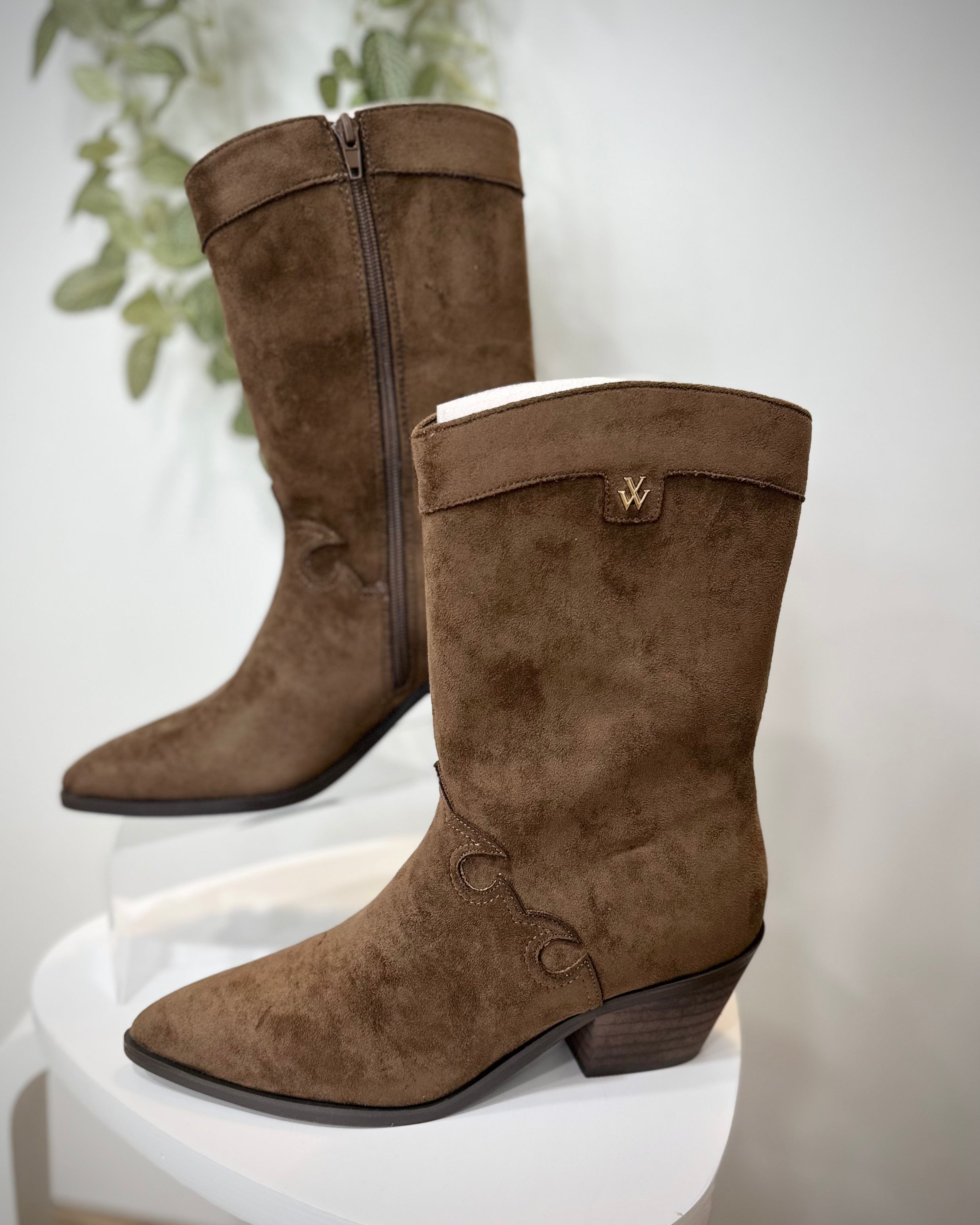 Gros plan sur bottines santiags taupe bout pointu et talon cubain