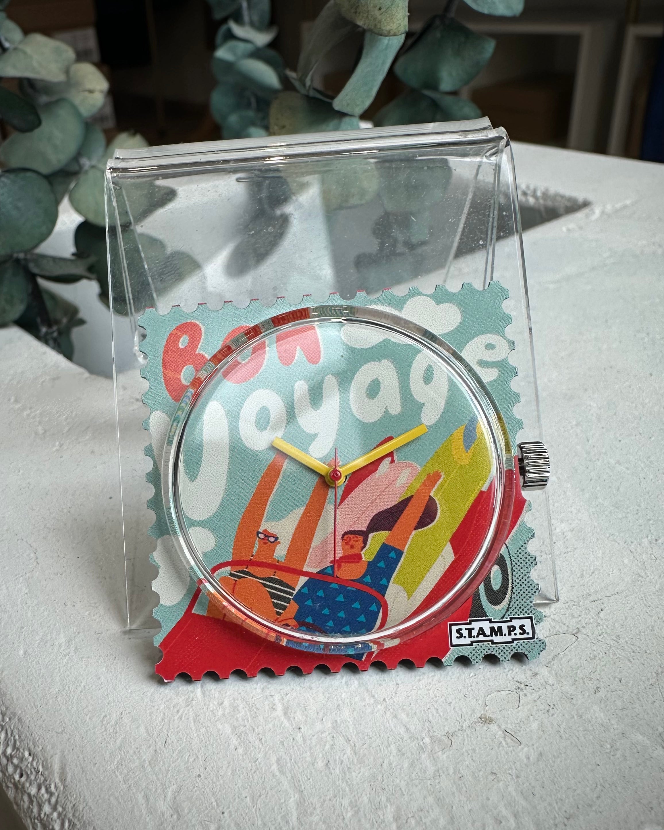 Cadran montre STAMPS Bon Voyage avec voiture et planches de surf