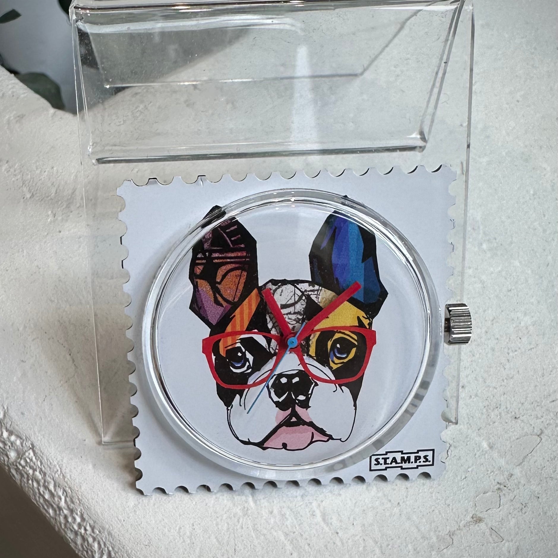 Cadran montre STAMPS Mr. Dog motif bouledogue multicolore lunettes rouges
