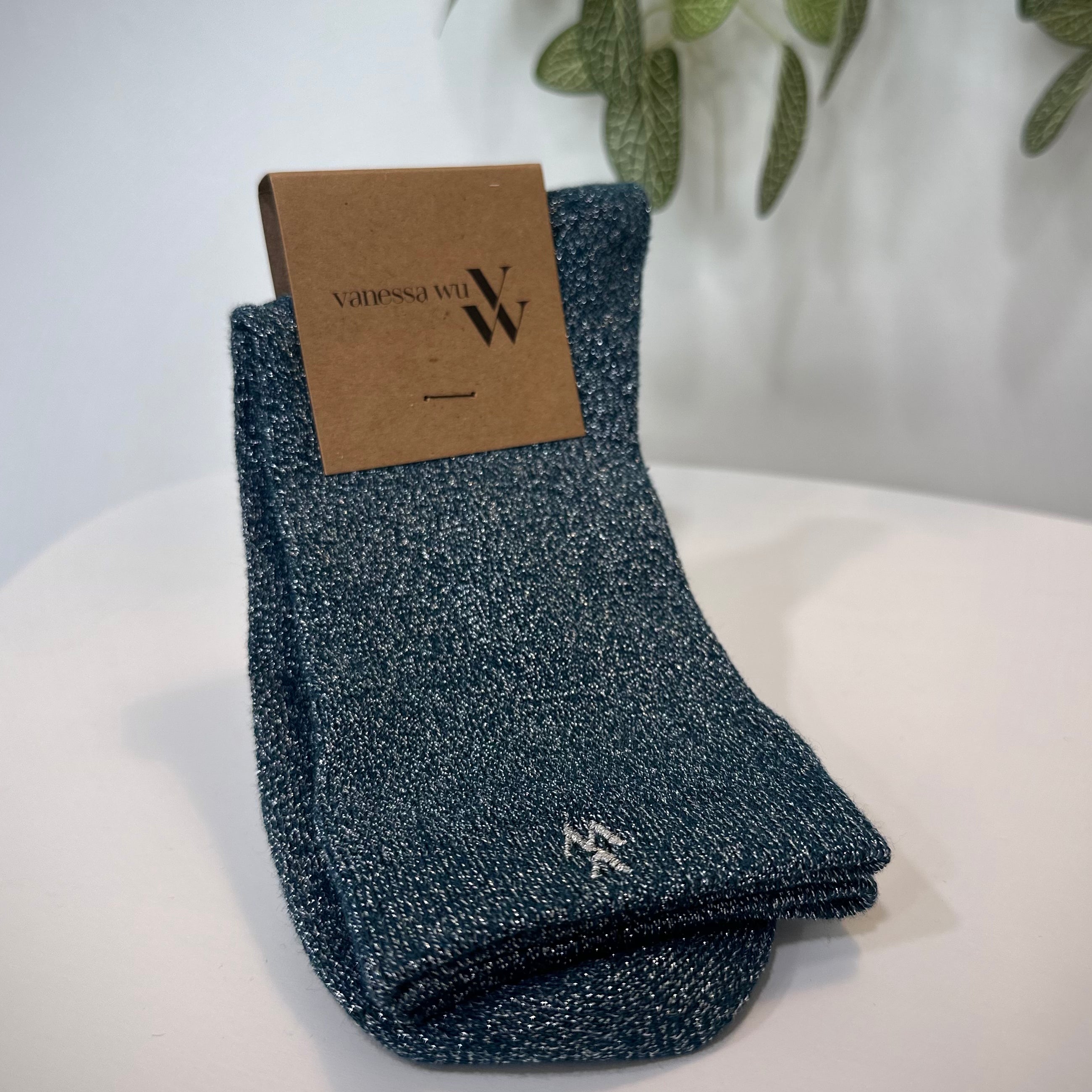 Chaussettes femme montantes bleu canard à fils argentés