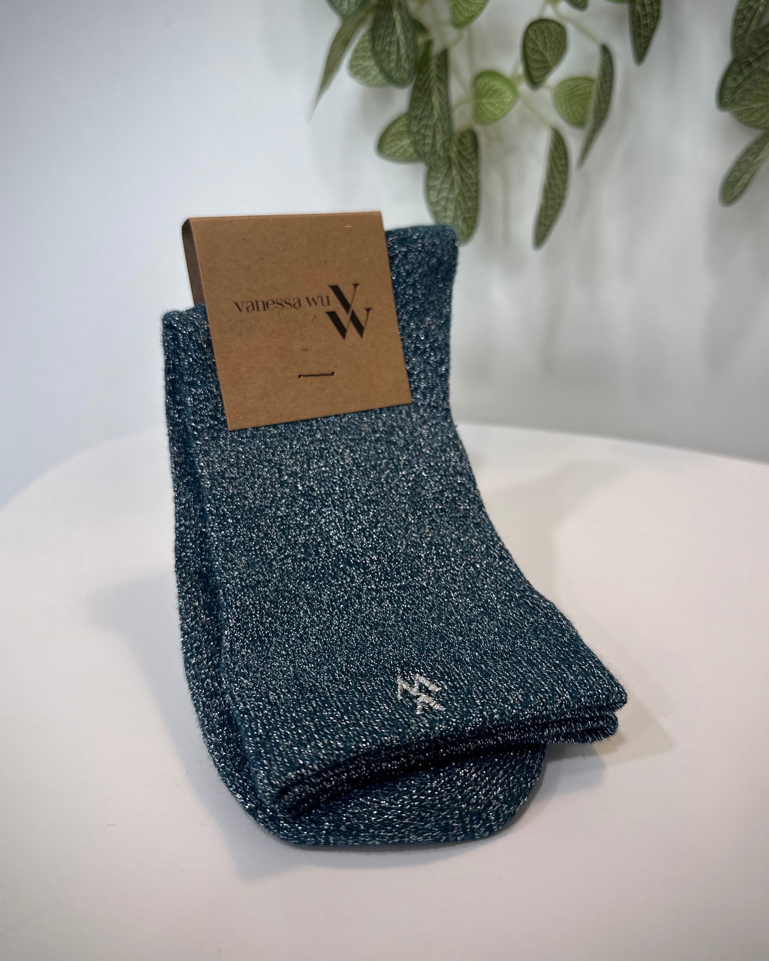 Chaussettes femme montantes bleu canard à fils argentés