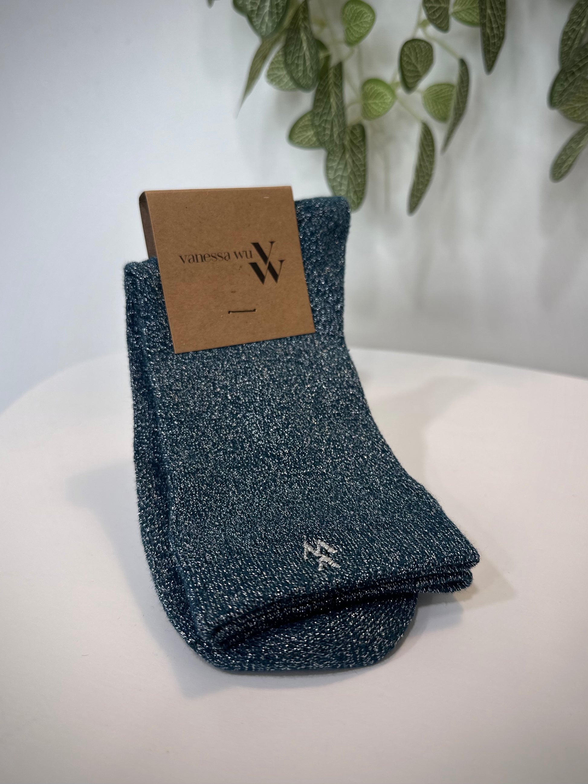 Chaussettes femme montantes bleu canard à fils argentés