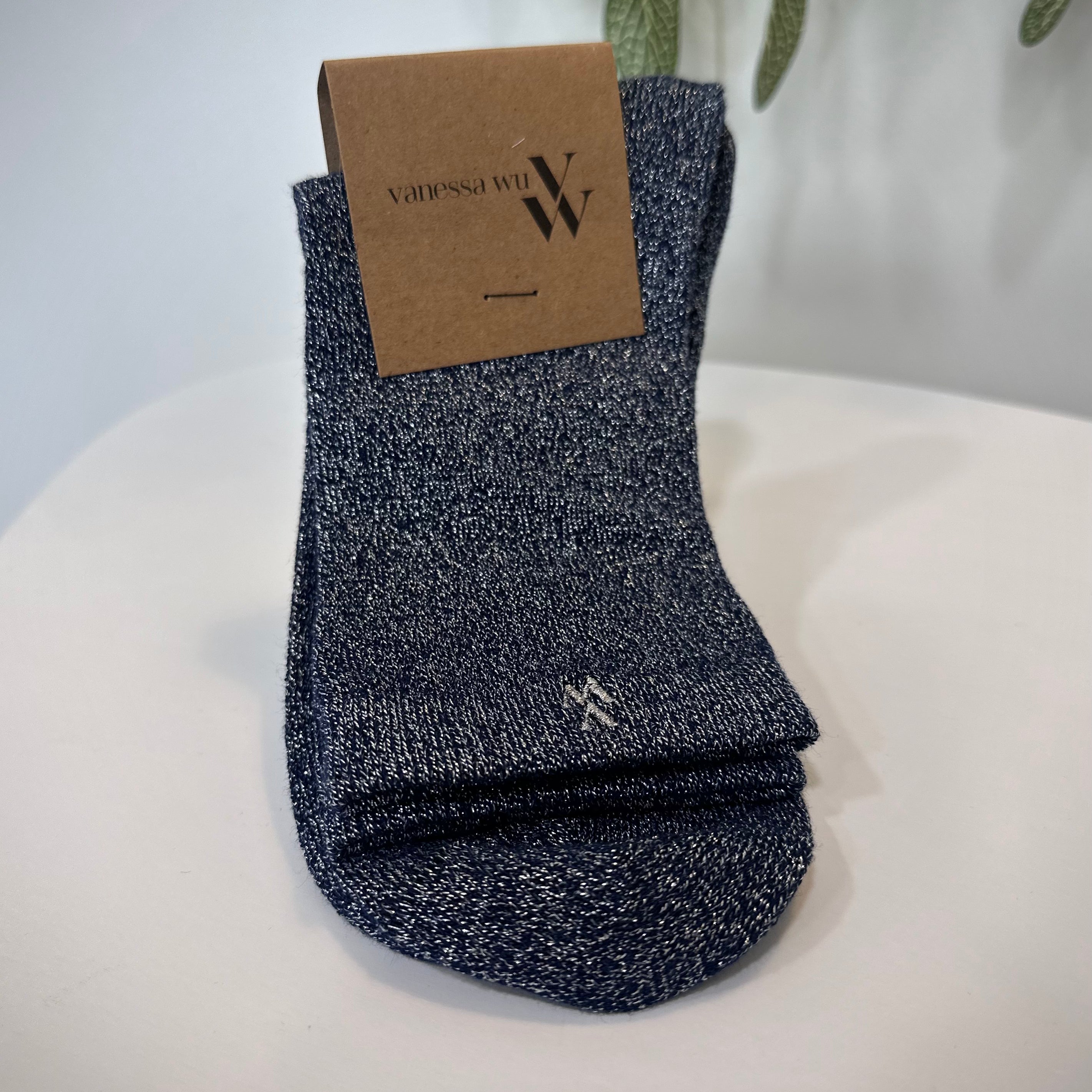 Chaussettes femme montantes bleu marine à fils argentés