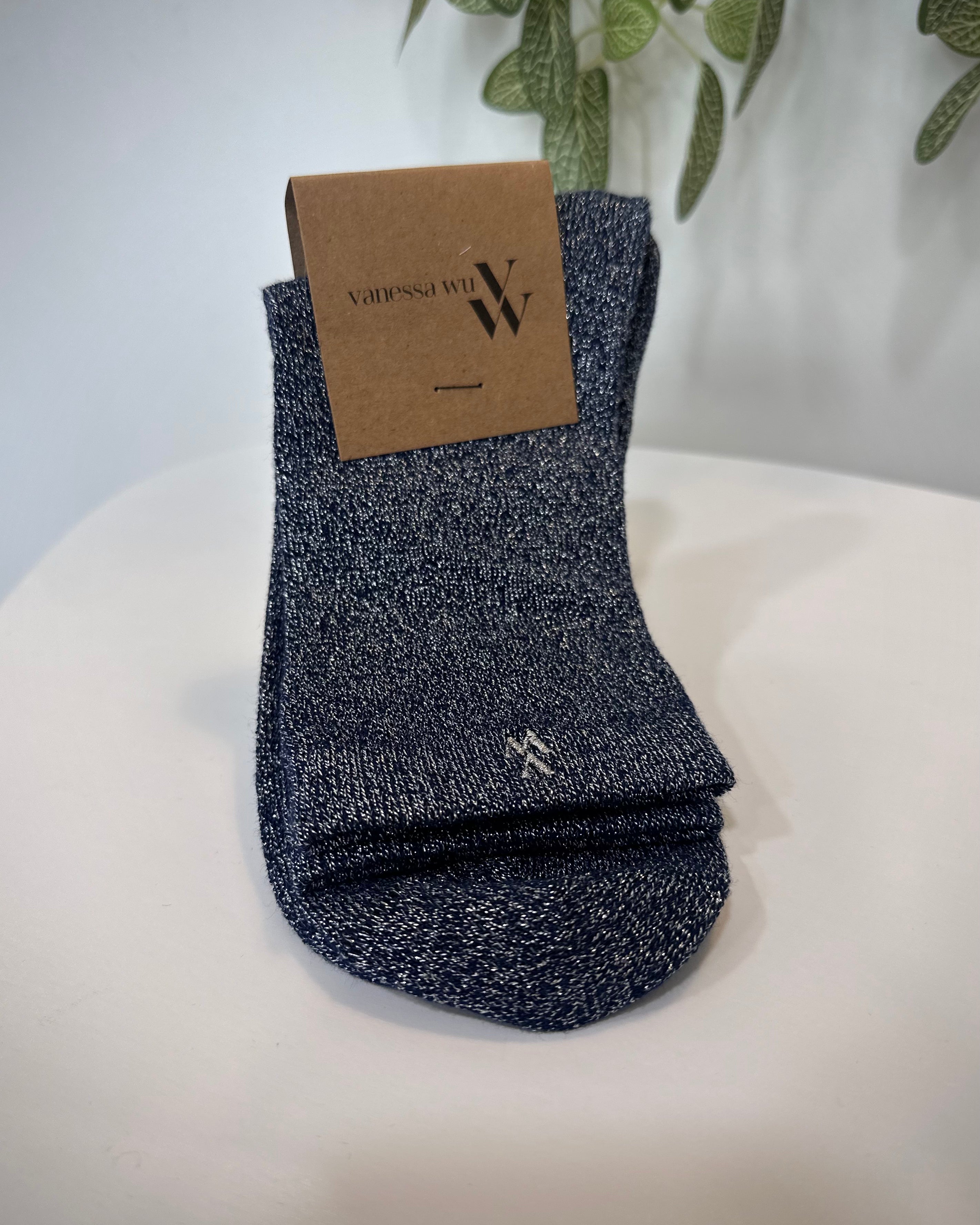 Chaussettes femme montantes bleu marine à fils argentés