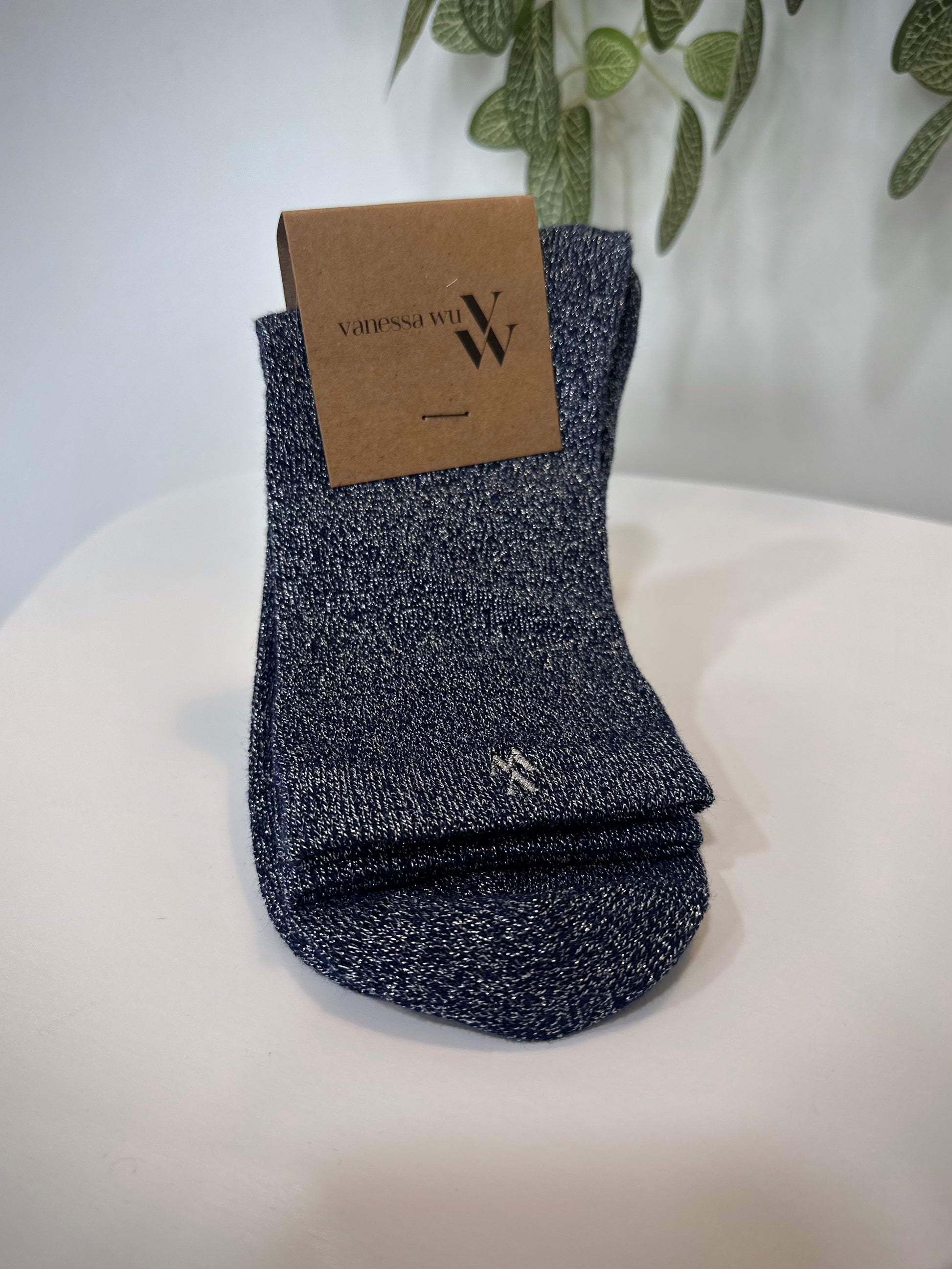 Chaussettes femme montantes bleu marine à fils argentés