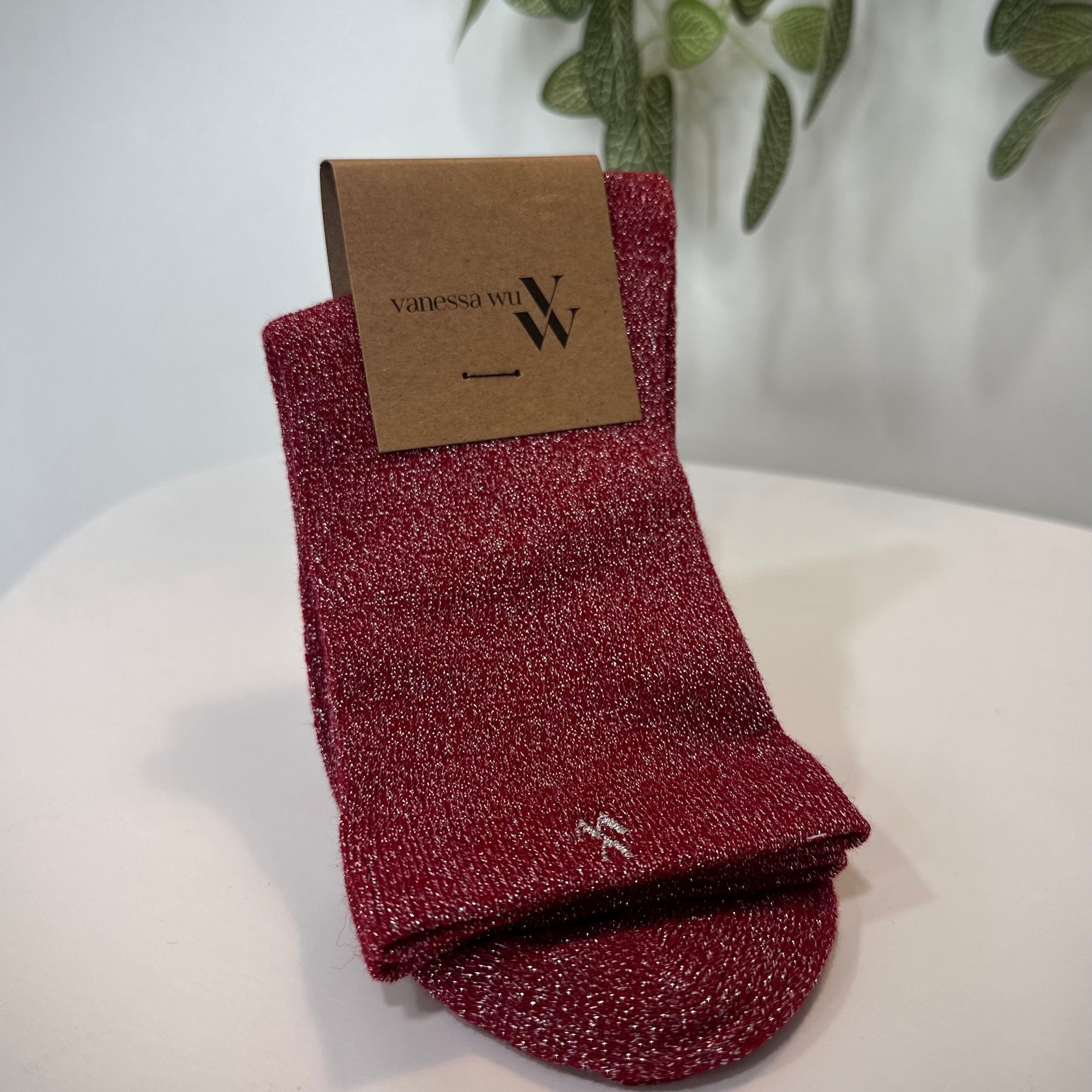 Chaussettes femme montantes rouges à fils argentés scintillants