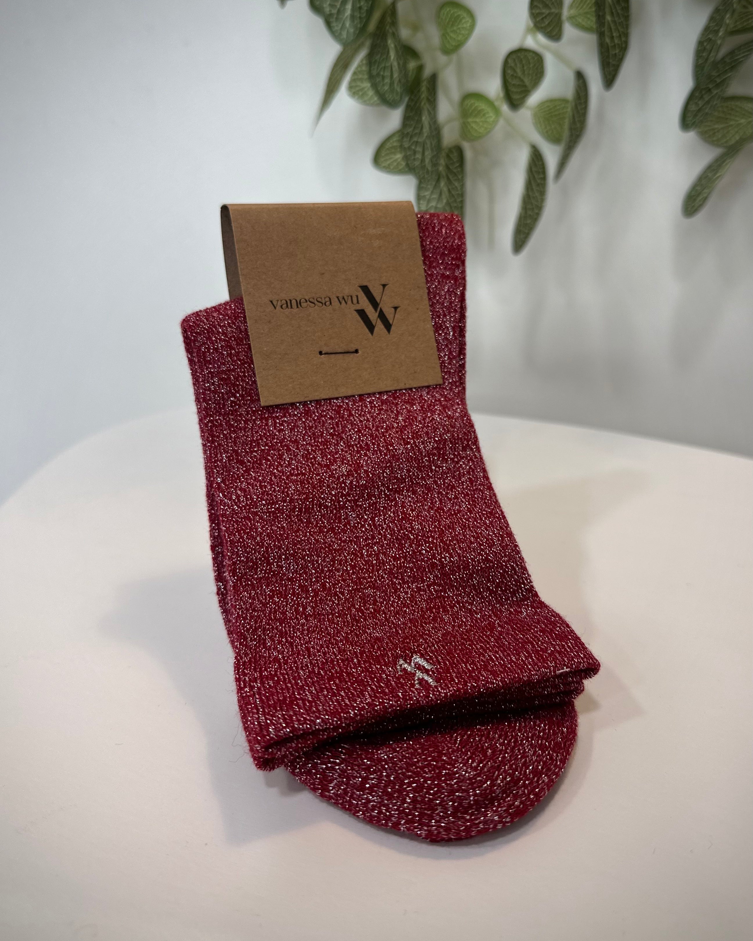 Chaussettes femme montantes rouges à fils argentés scintillants