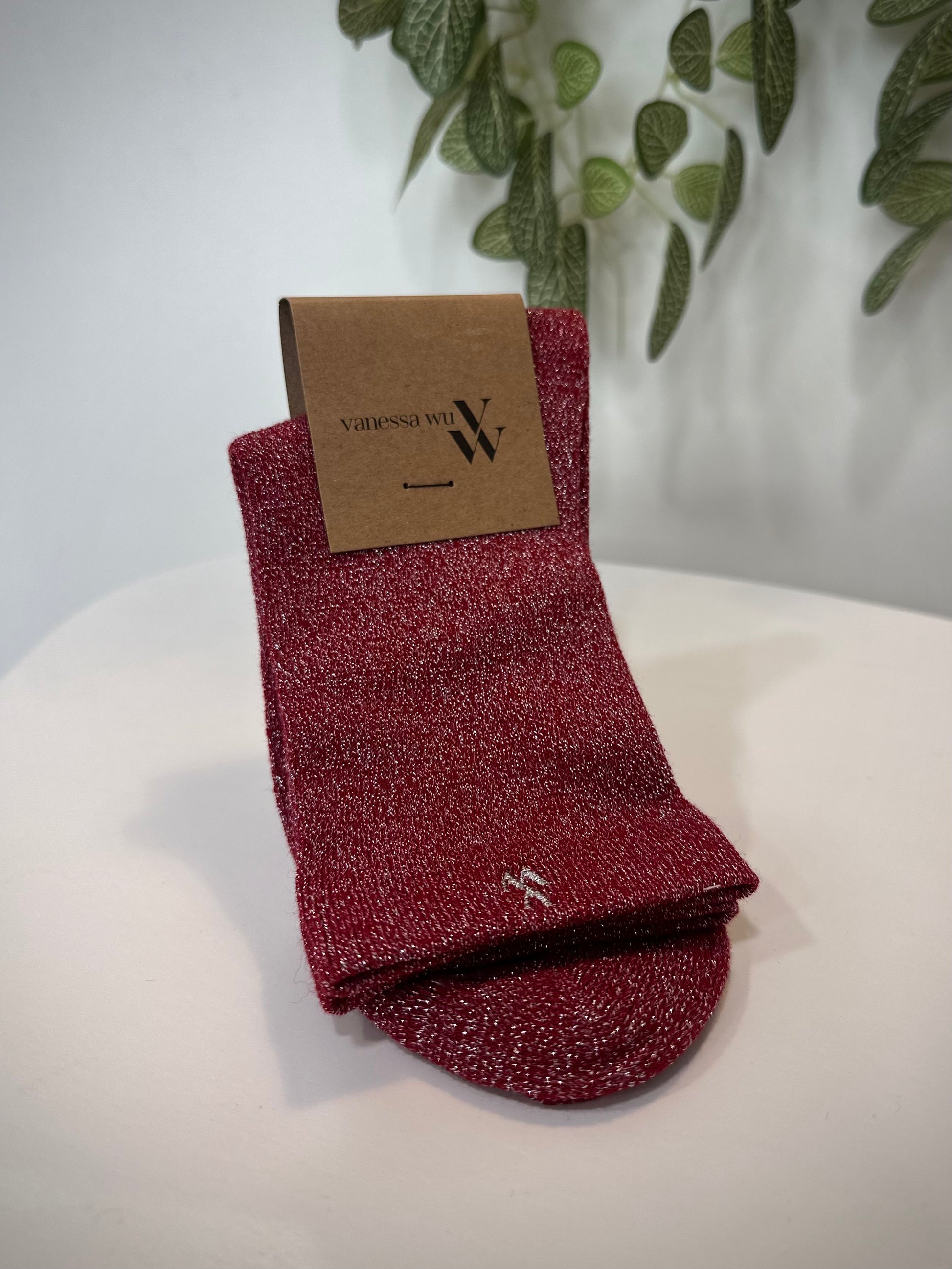 Chaussettes femme montantes rouges à fils argentés scintillants