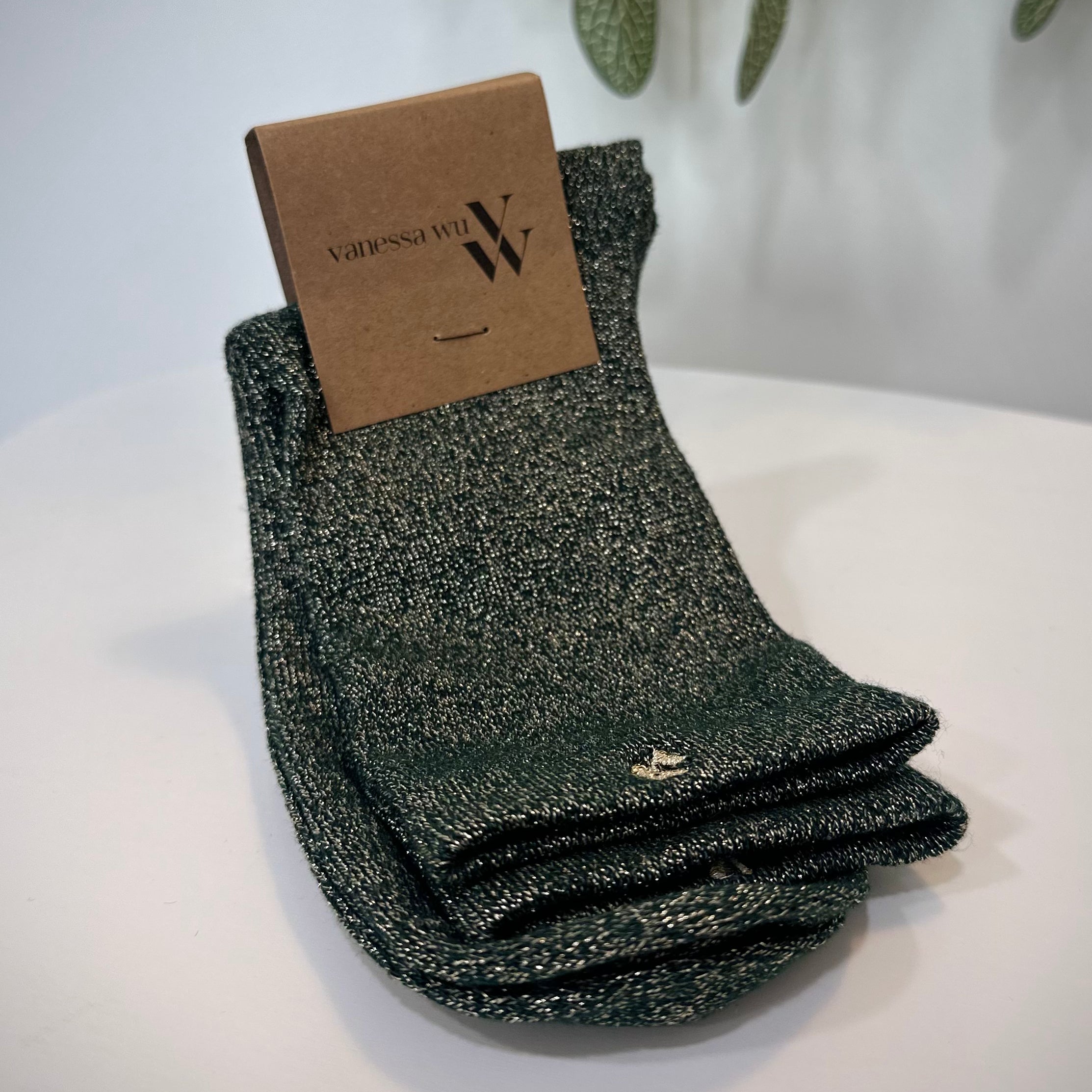 Chaussettes femme vert foncé montantes à fils dorés scintillants