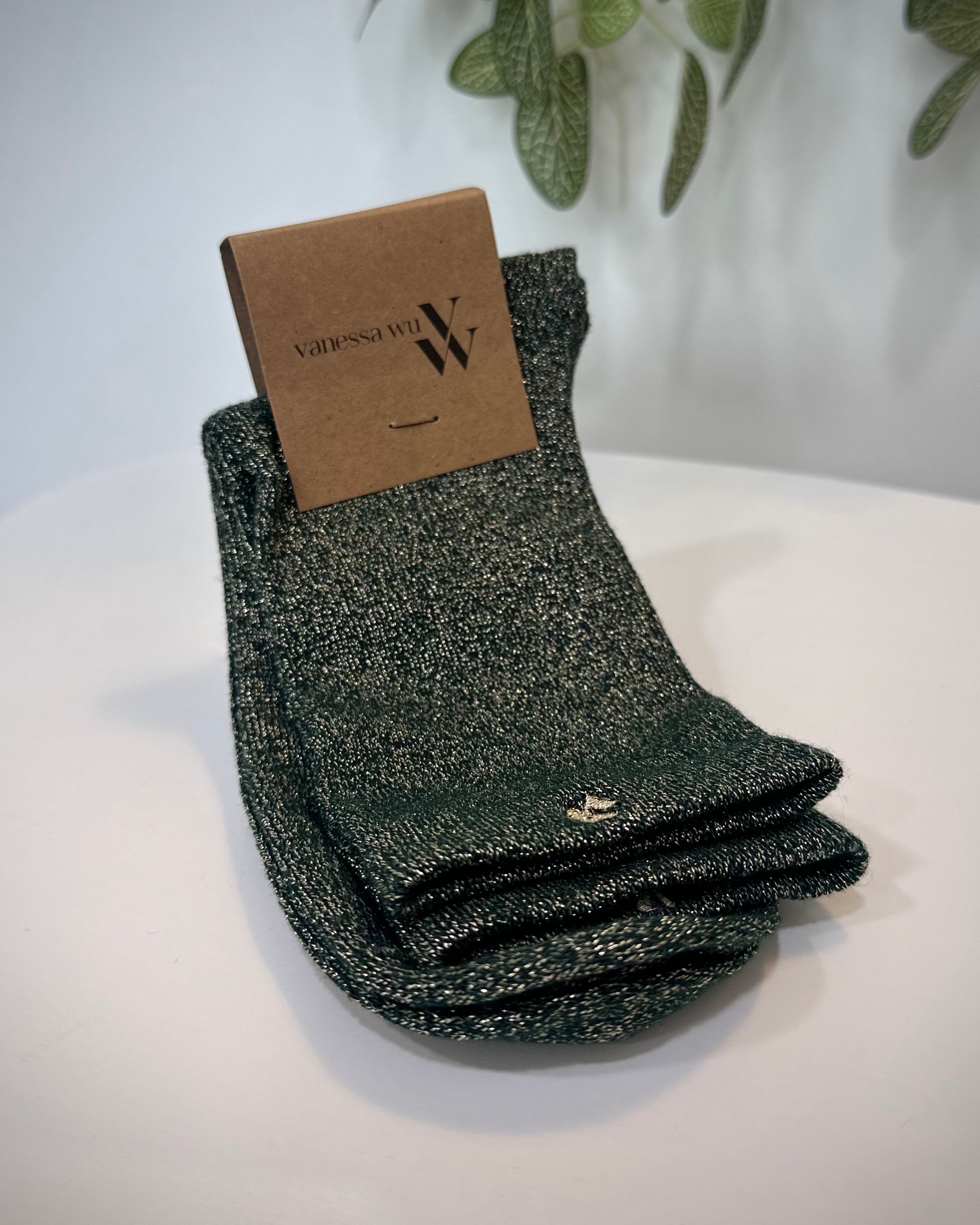 Chaussettes femme vert foncé montantes à fils dorés scintillants