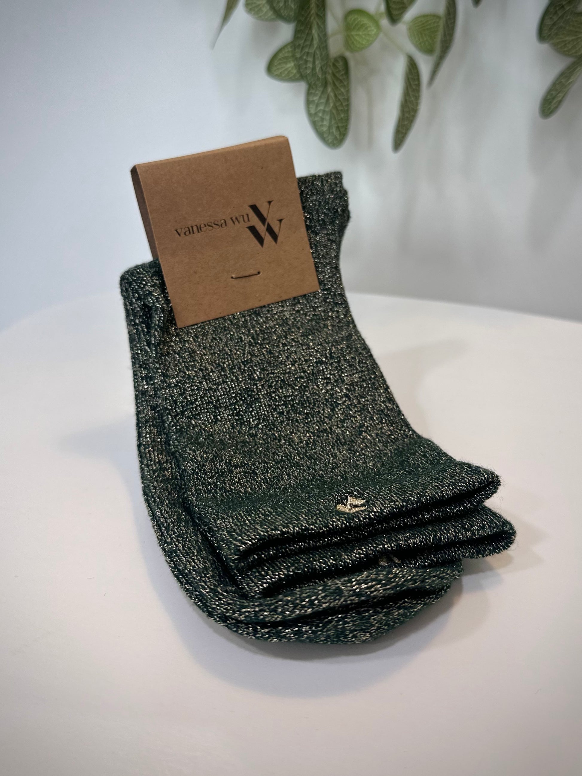 Chaussettes femme vert foncé montantes à fils dorés scintillants