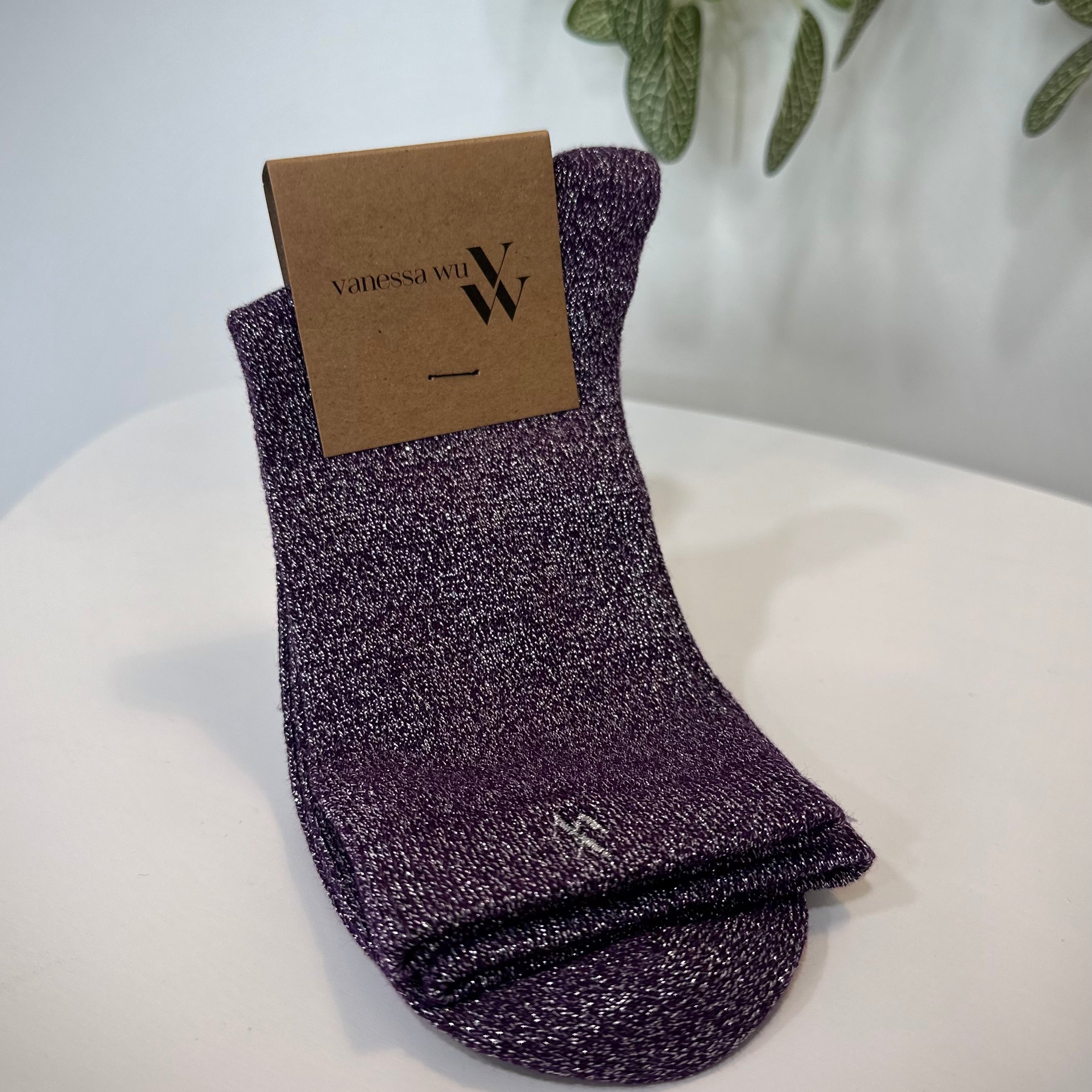 Chaussettes femme montantes Ambre violet avec fils argentés