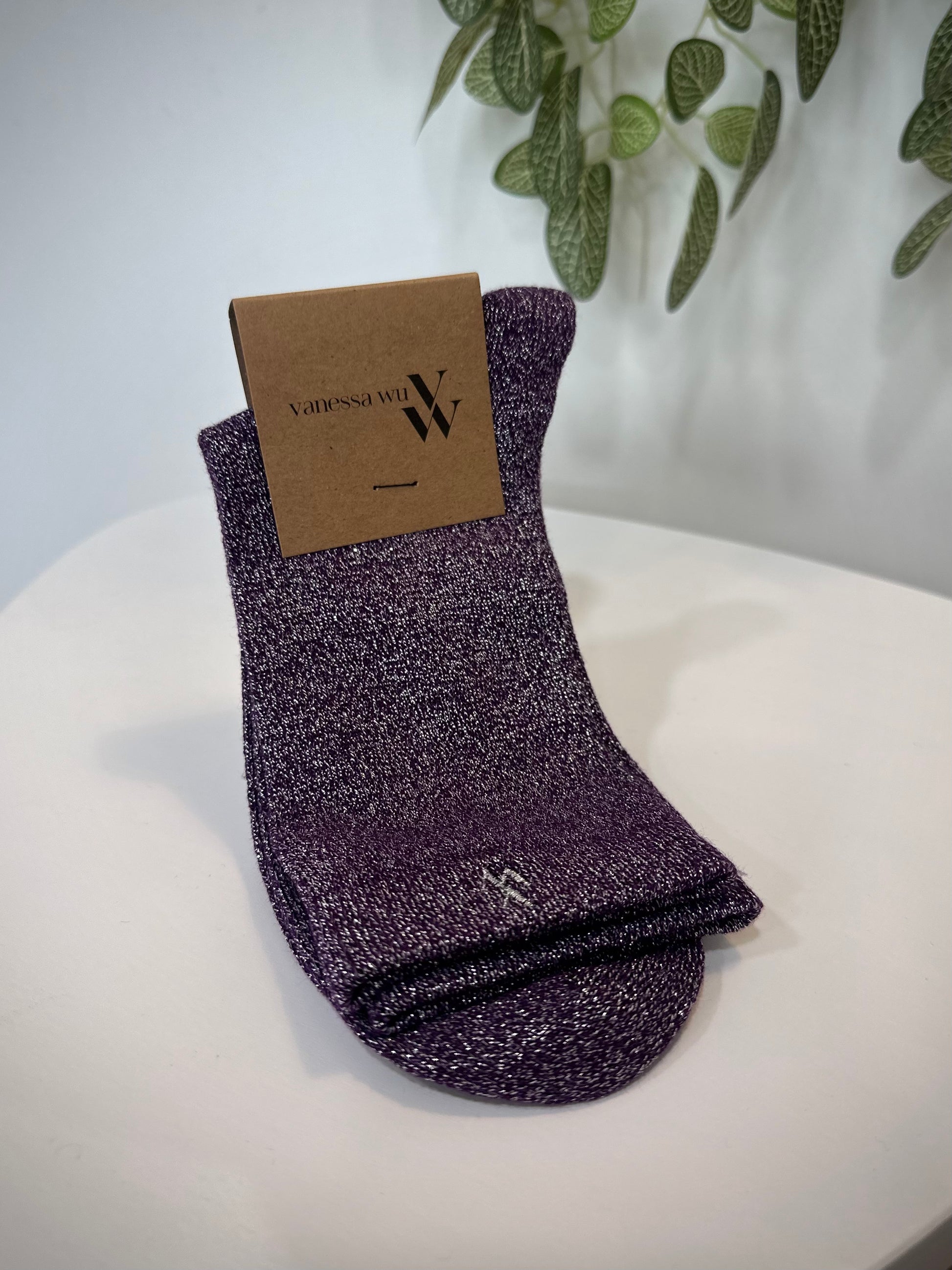 Chaussettes femme montantes Ambre violet avec fils argentés
