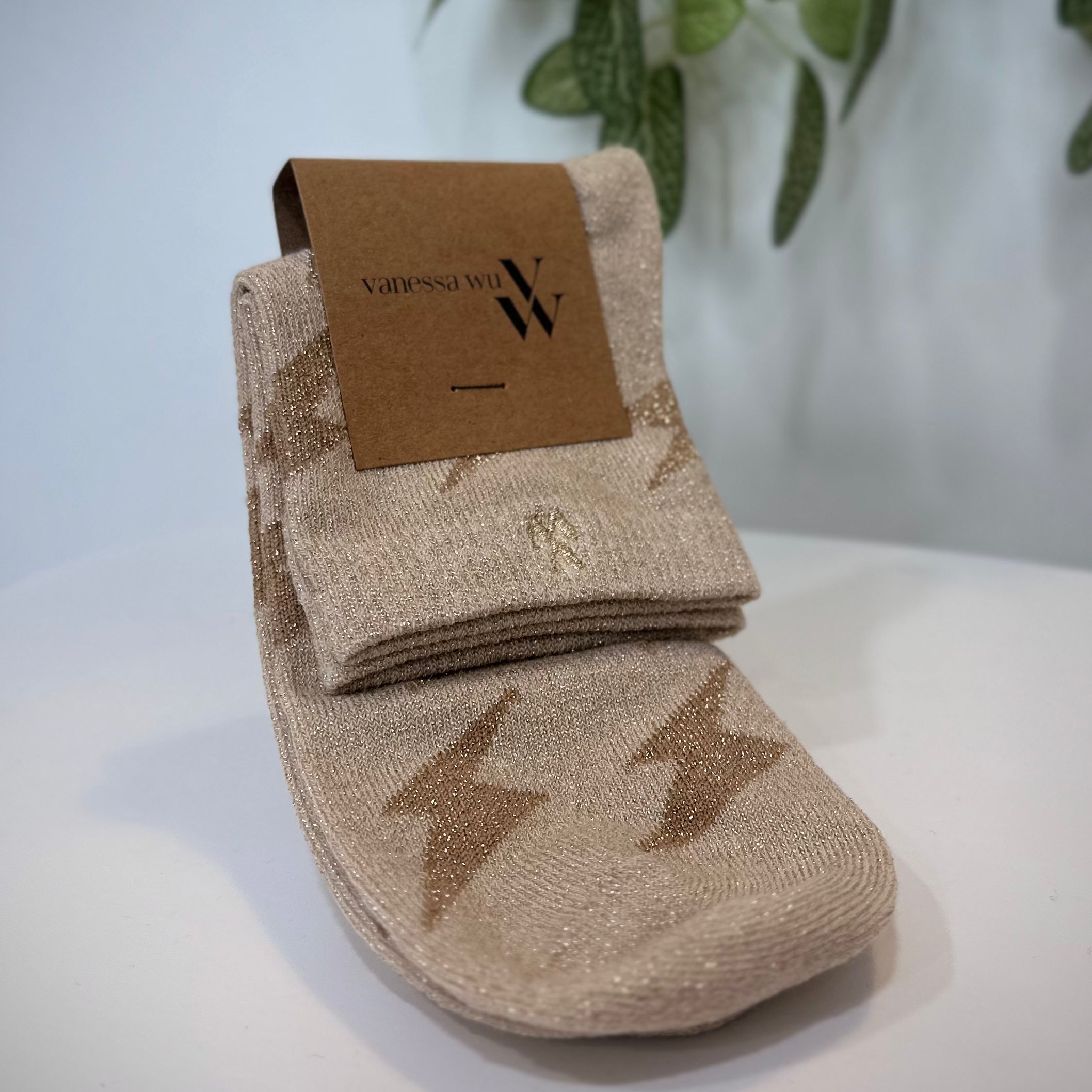 Chaussettes femme Rachel courtes beige avec motifs éclairs camel