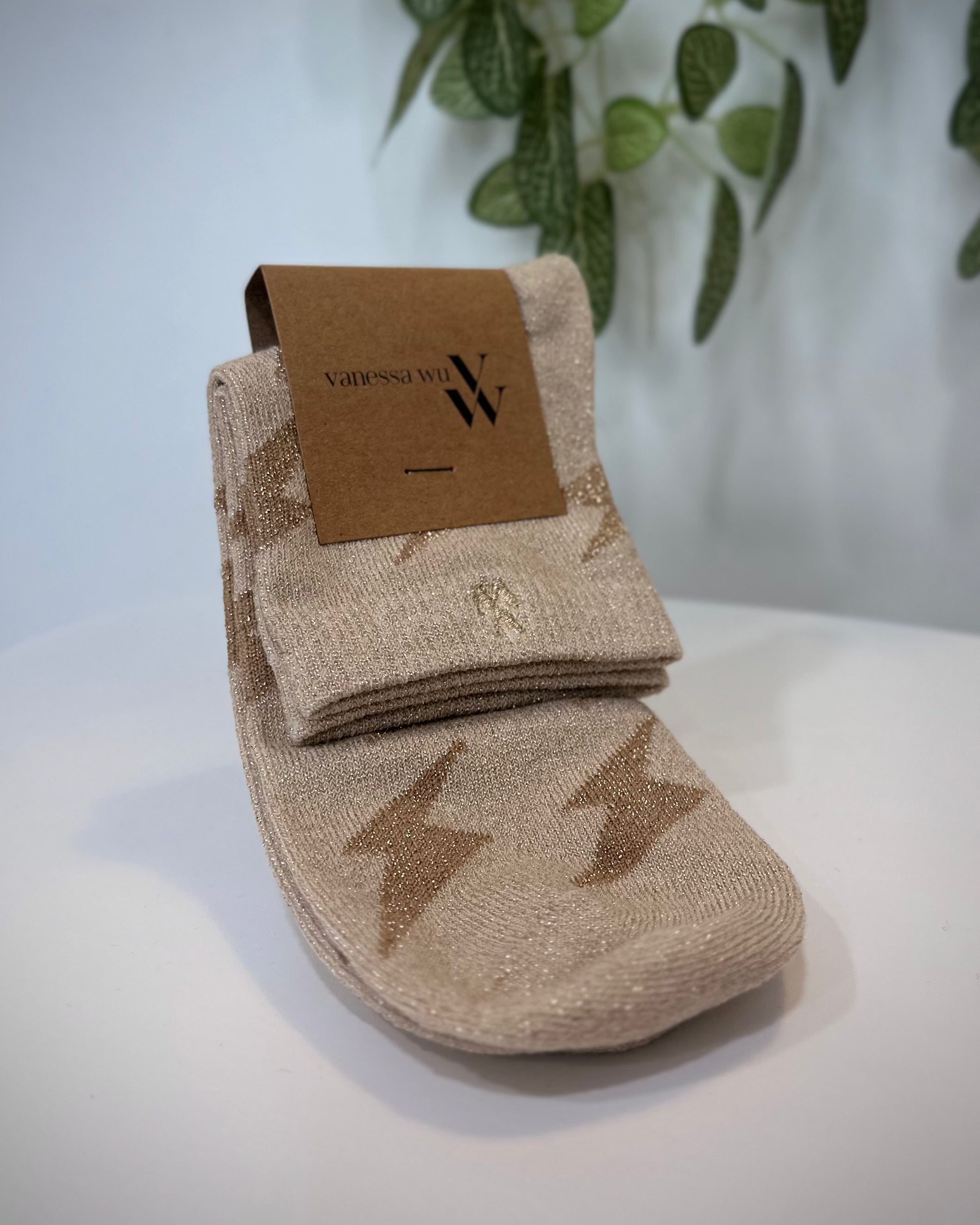 Chaussettes femme Rachel courtes beige avec motifs éclairs camel