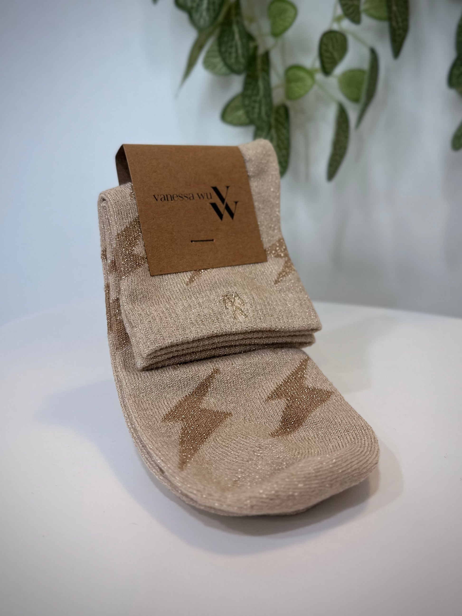 Chaussettes femme Rachel courtes beige avec motifs éclairs camel