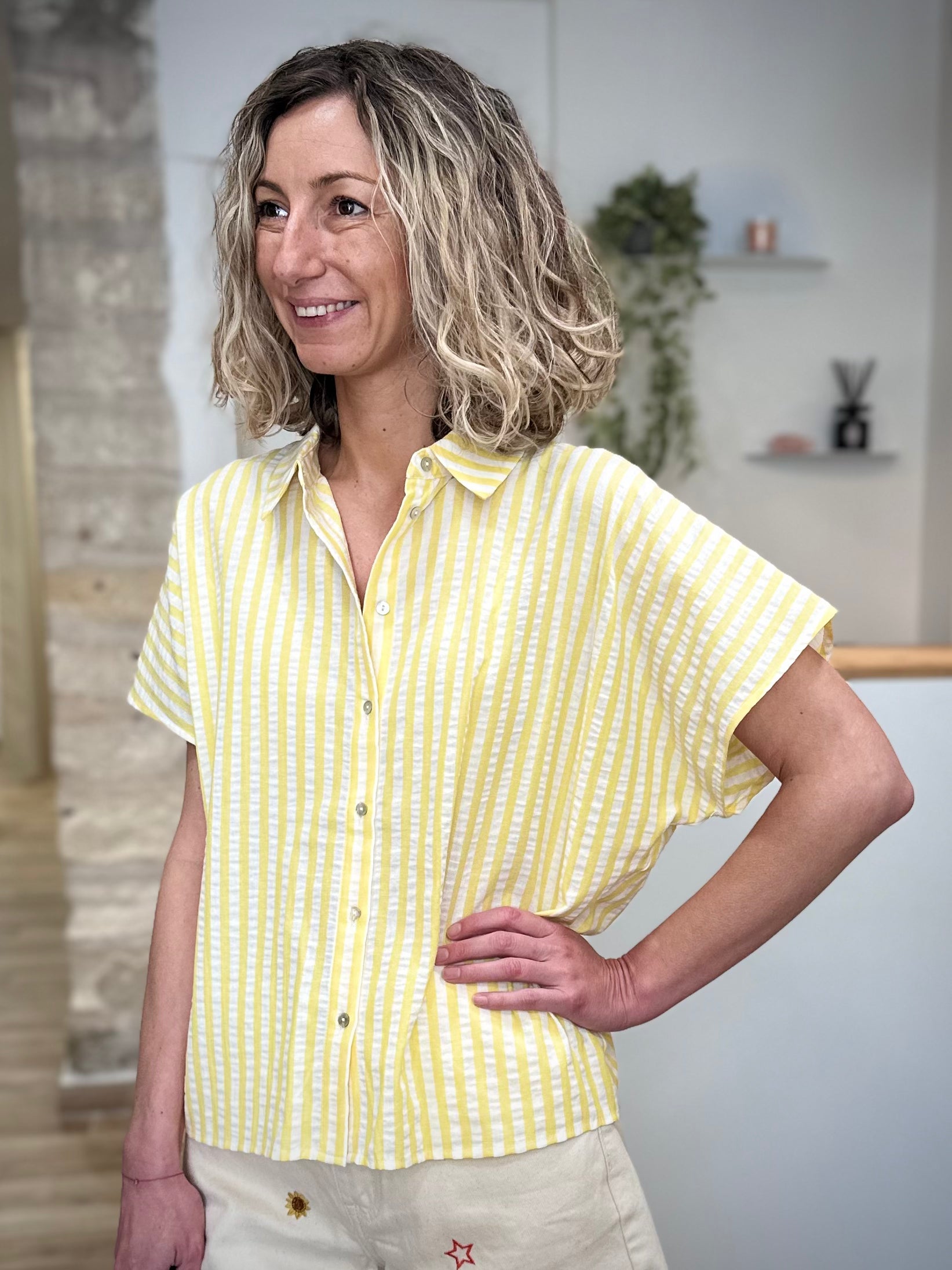 Chemise femme légère rayures jaune et blanc