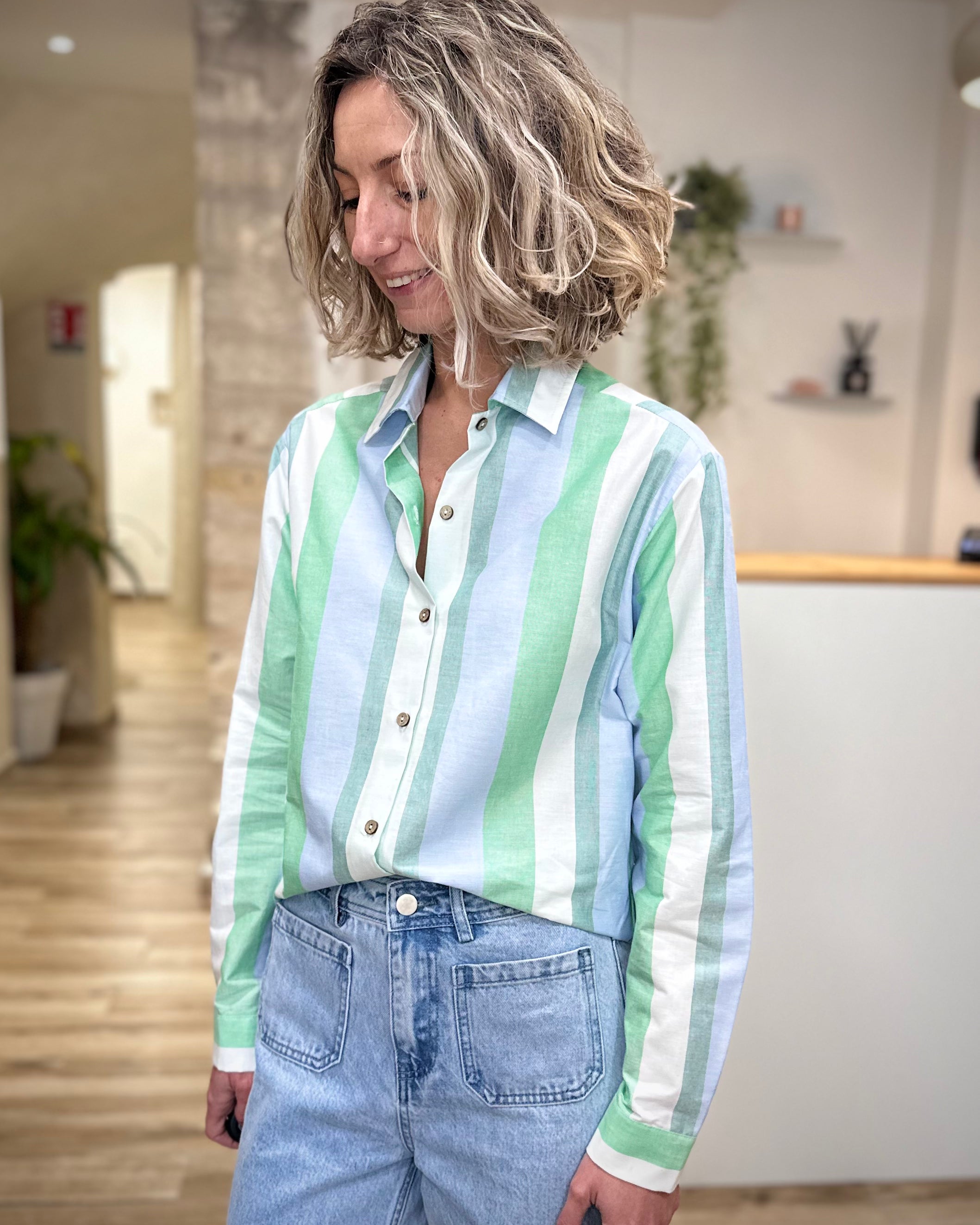 Chemise rayures vertes femme coton