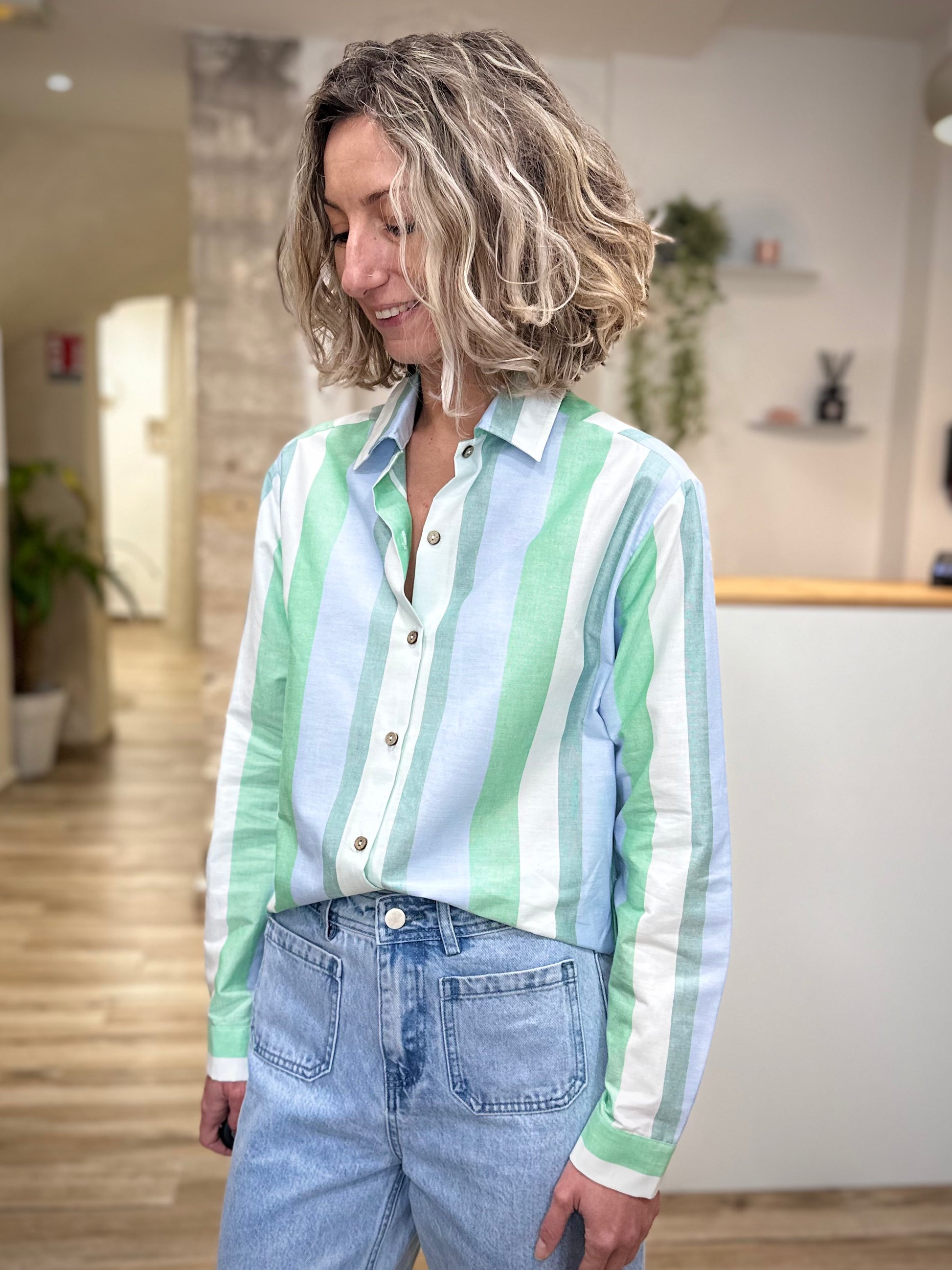 Chemise rayures vertes femme coton