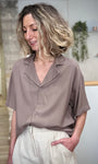 Chemise marron femme manches courtes en lin et viscose 