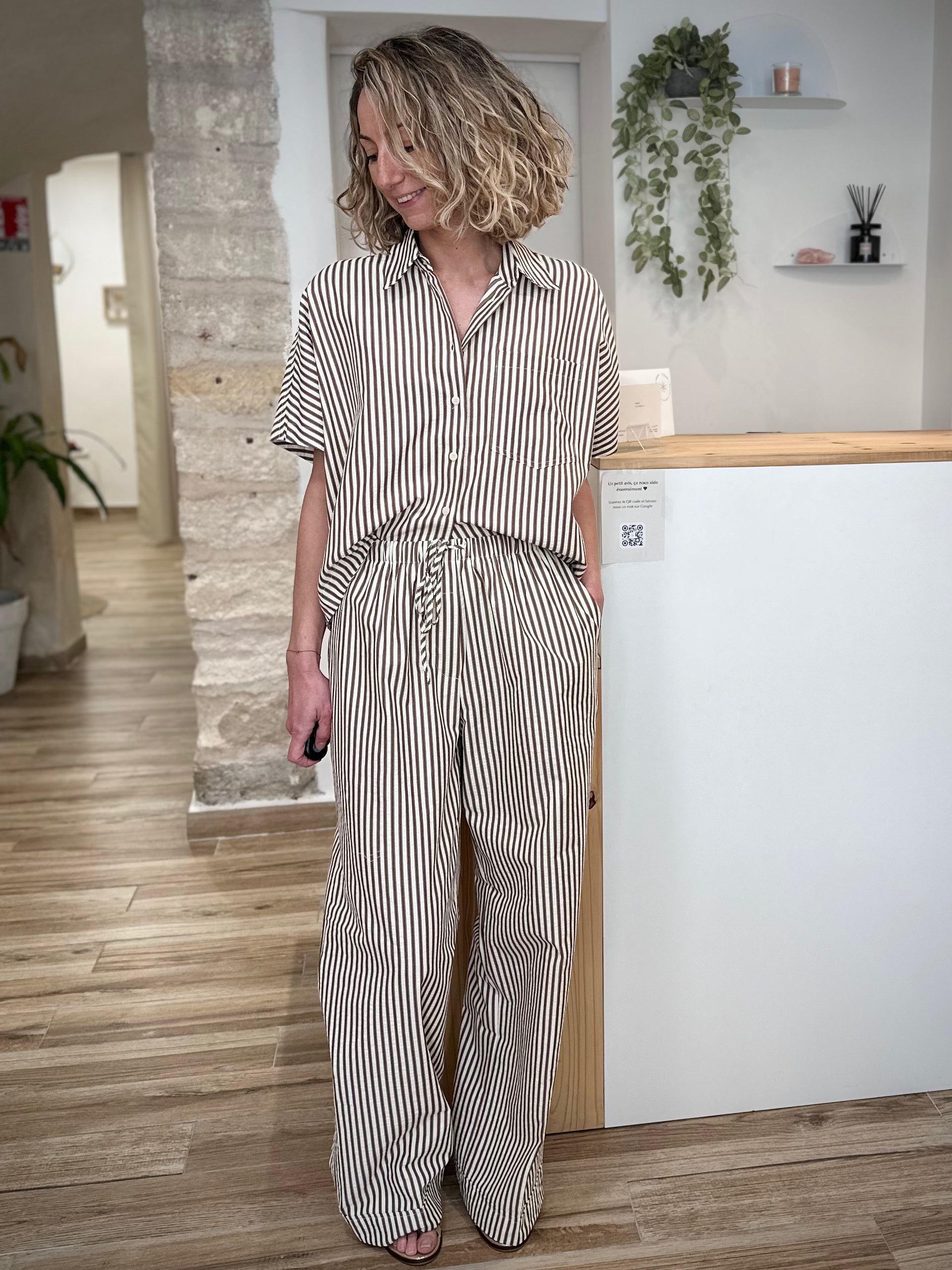 Ensemble chemise vercia et pantalon volute rayures mocha