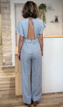 Combinaison femme dos nu bleu motif vichy brodé 