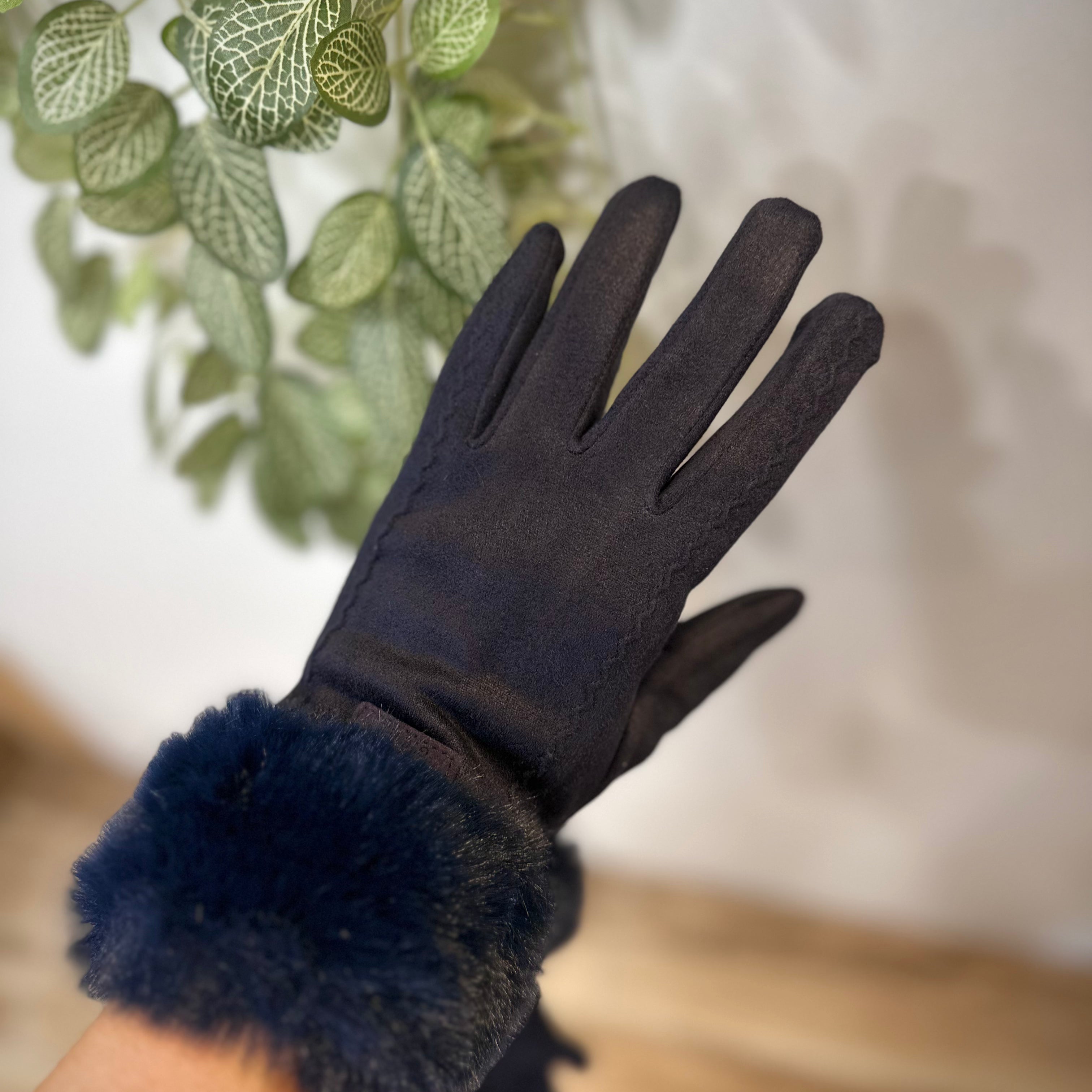 Gants femme bleu marine avec poignet en fausse fourrure