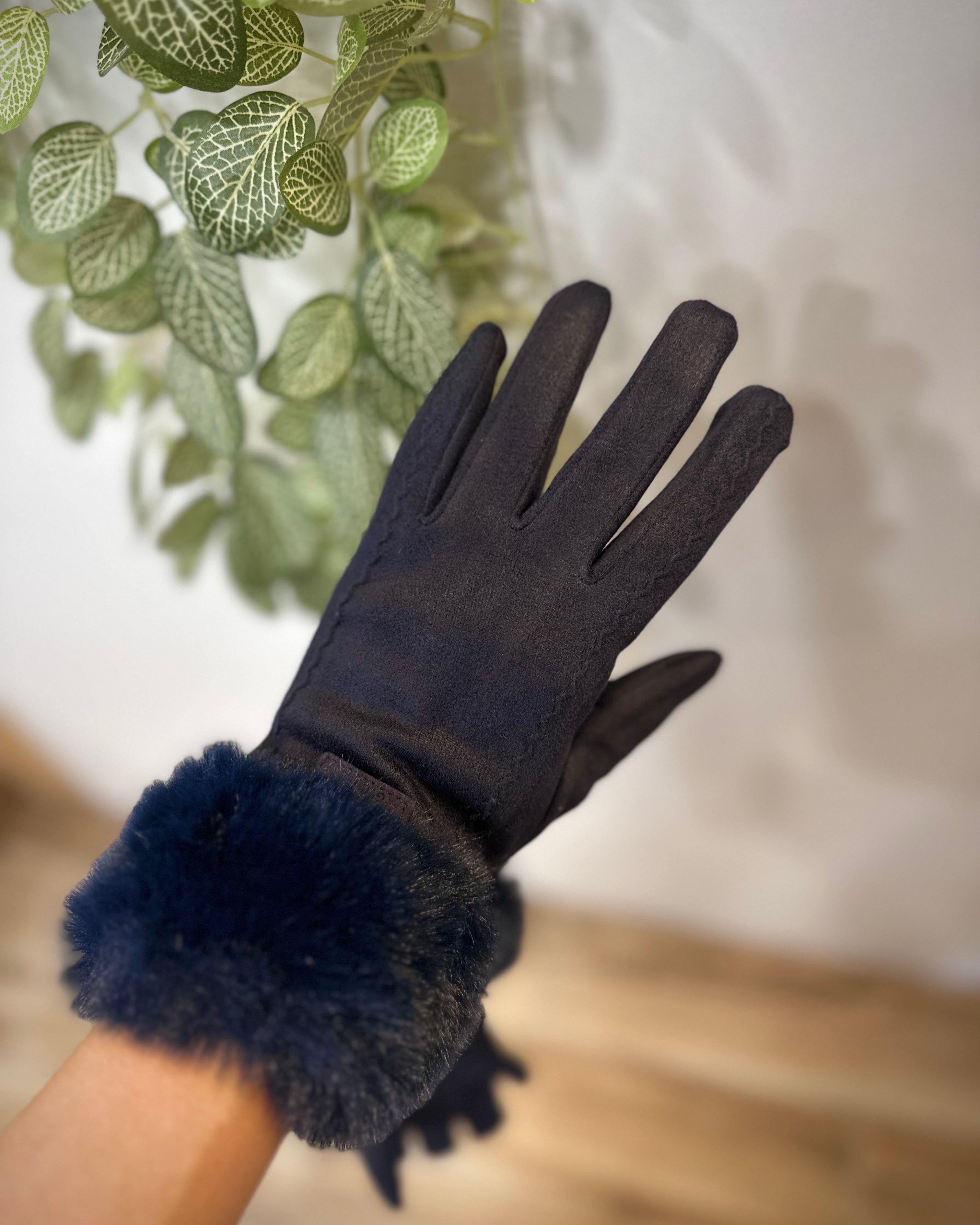 Gants femme bleu marine avec poignet en fausse fourrure