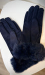 Poignet fourrure synthétique sur gants bleu marine