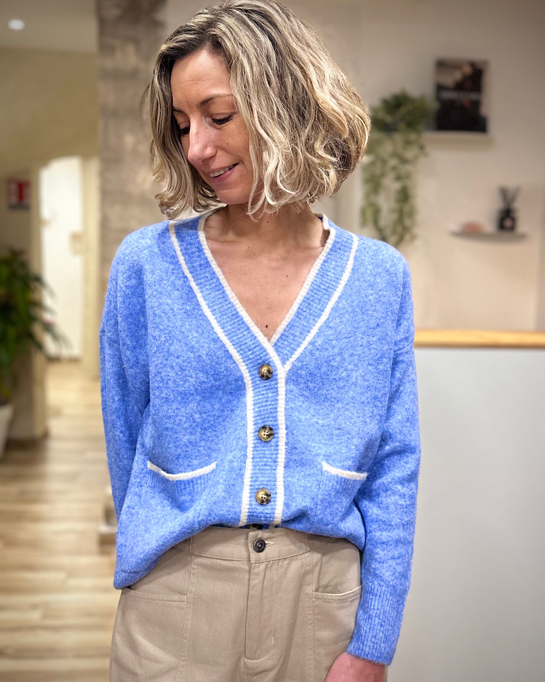 Cardigan bleu chiné femme en maille douce