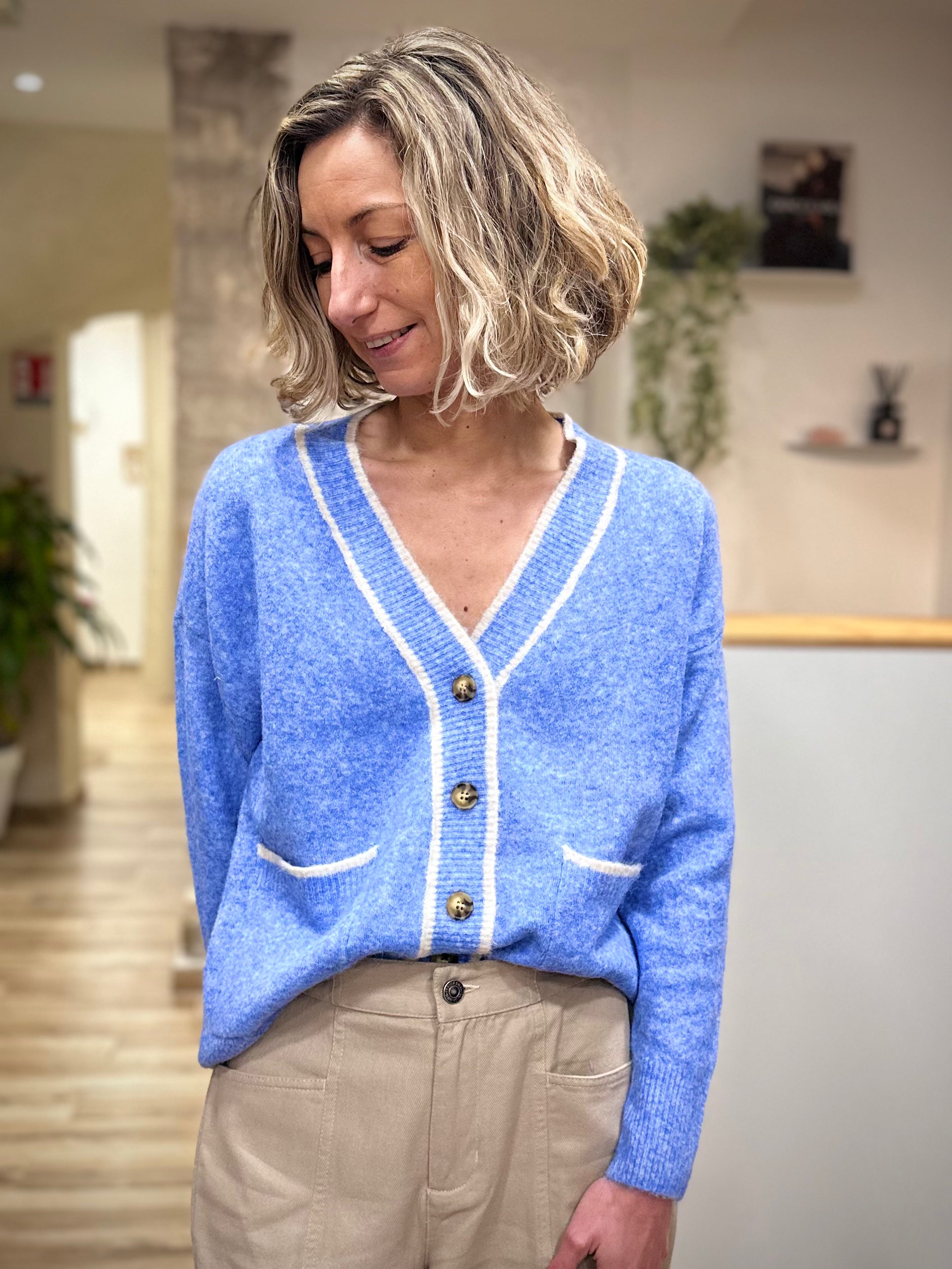 Cardigan bleu chiné femme en maille douce