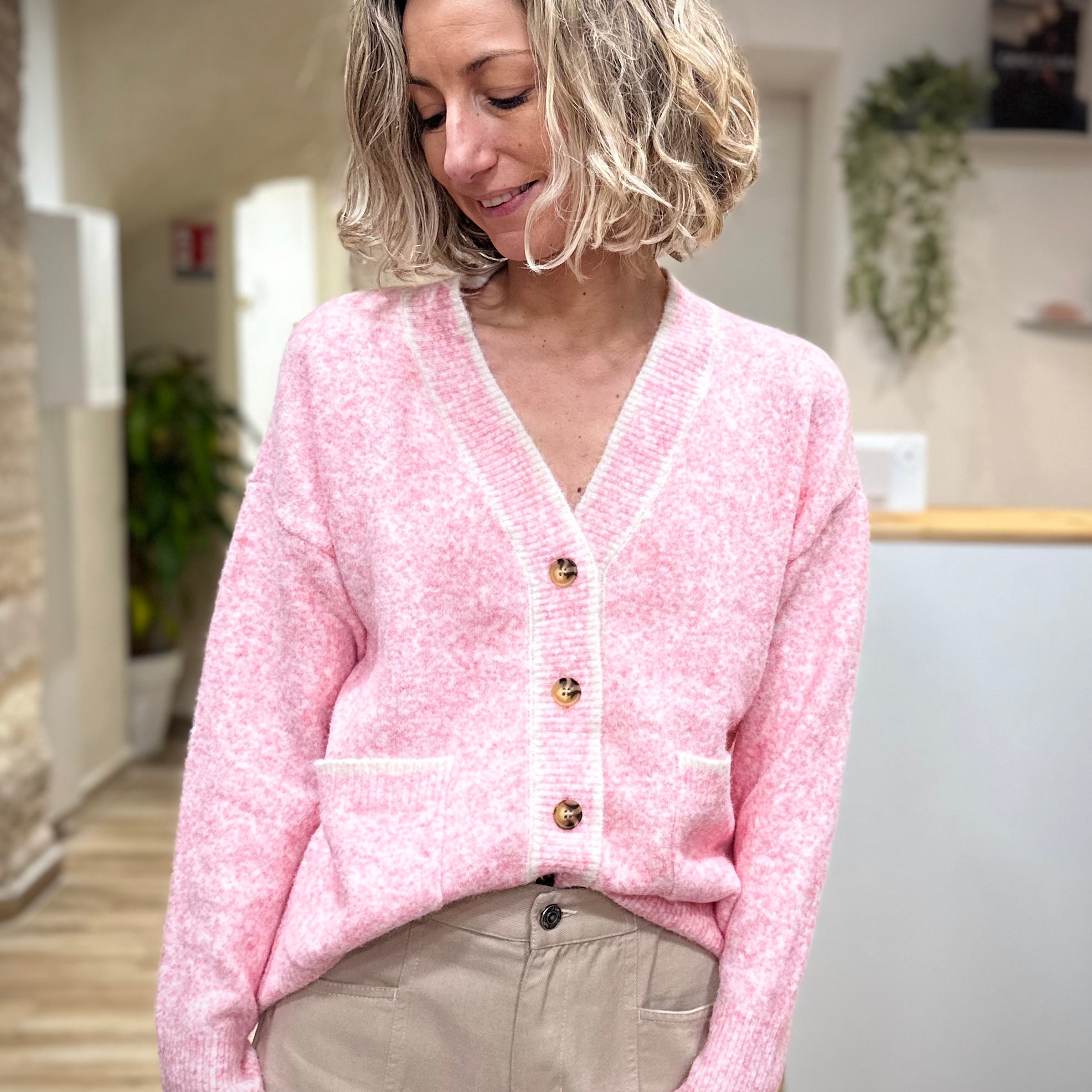 Cardigan rose chiné femme en maille douce
