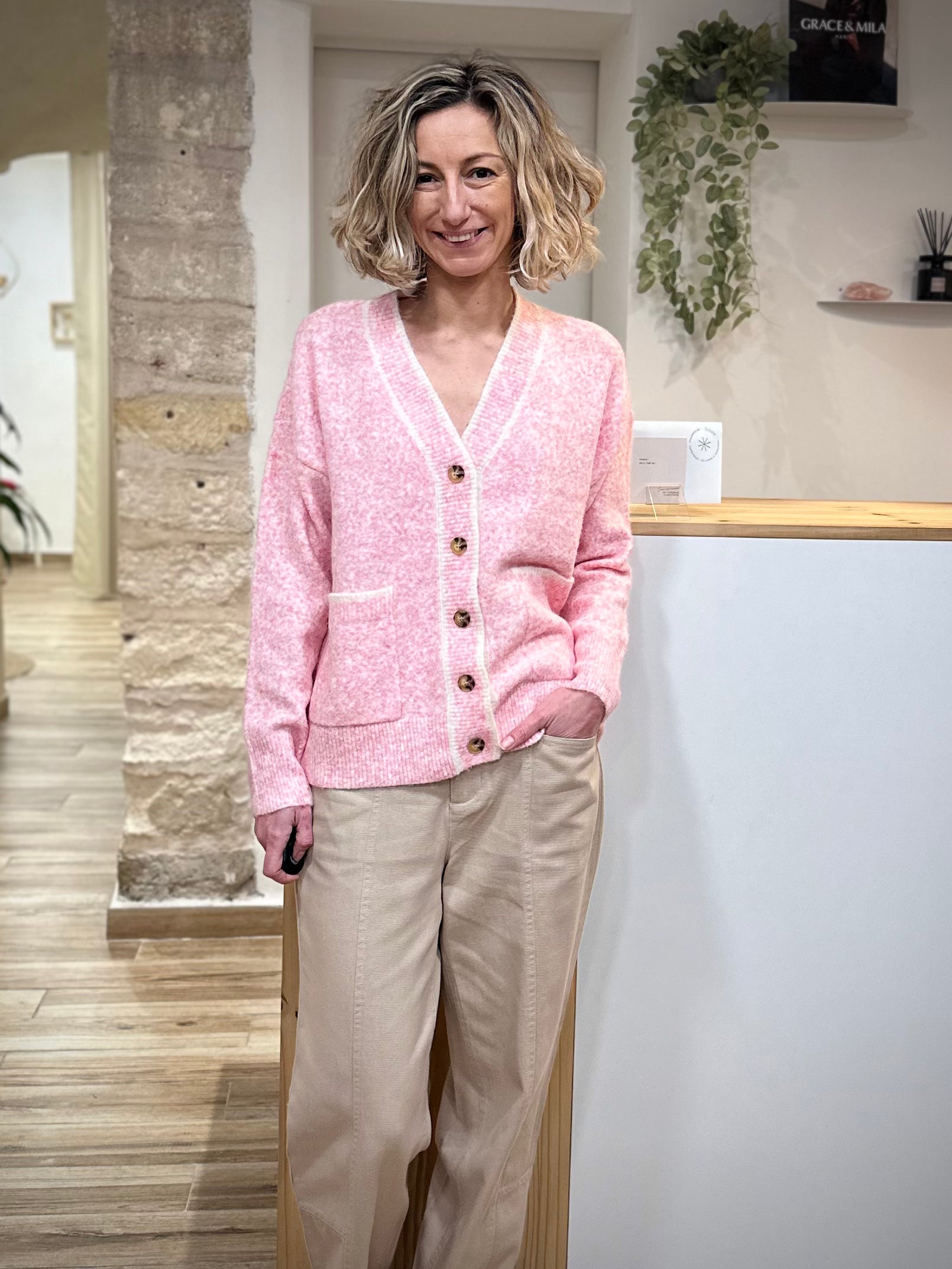 Cardigan rose chiné femme manches longues