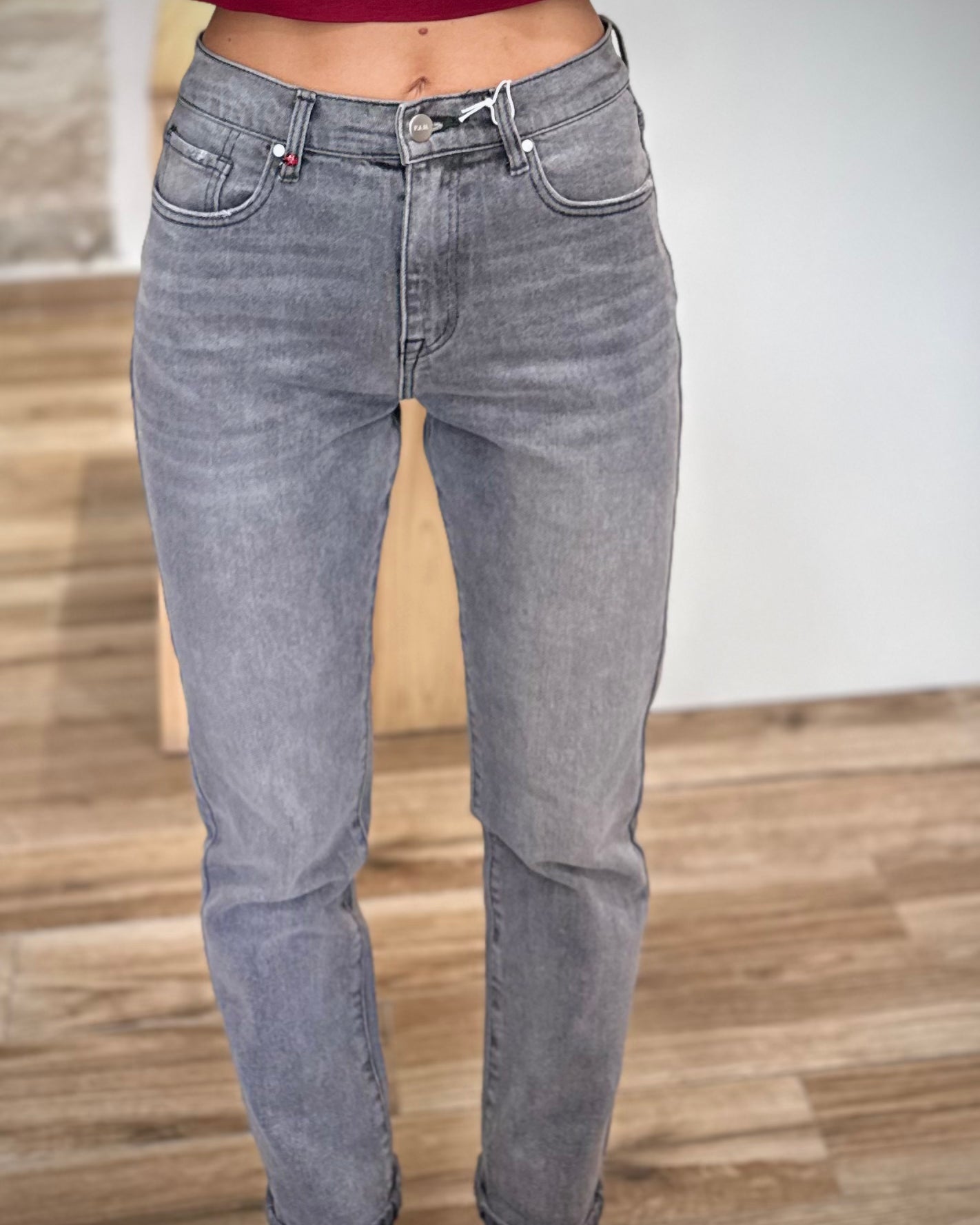 Jean Patricia coupe mom vintage gris clair femme