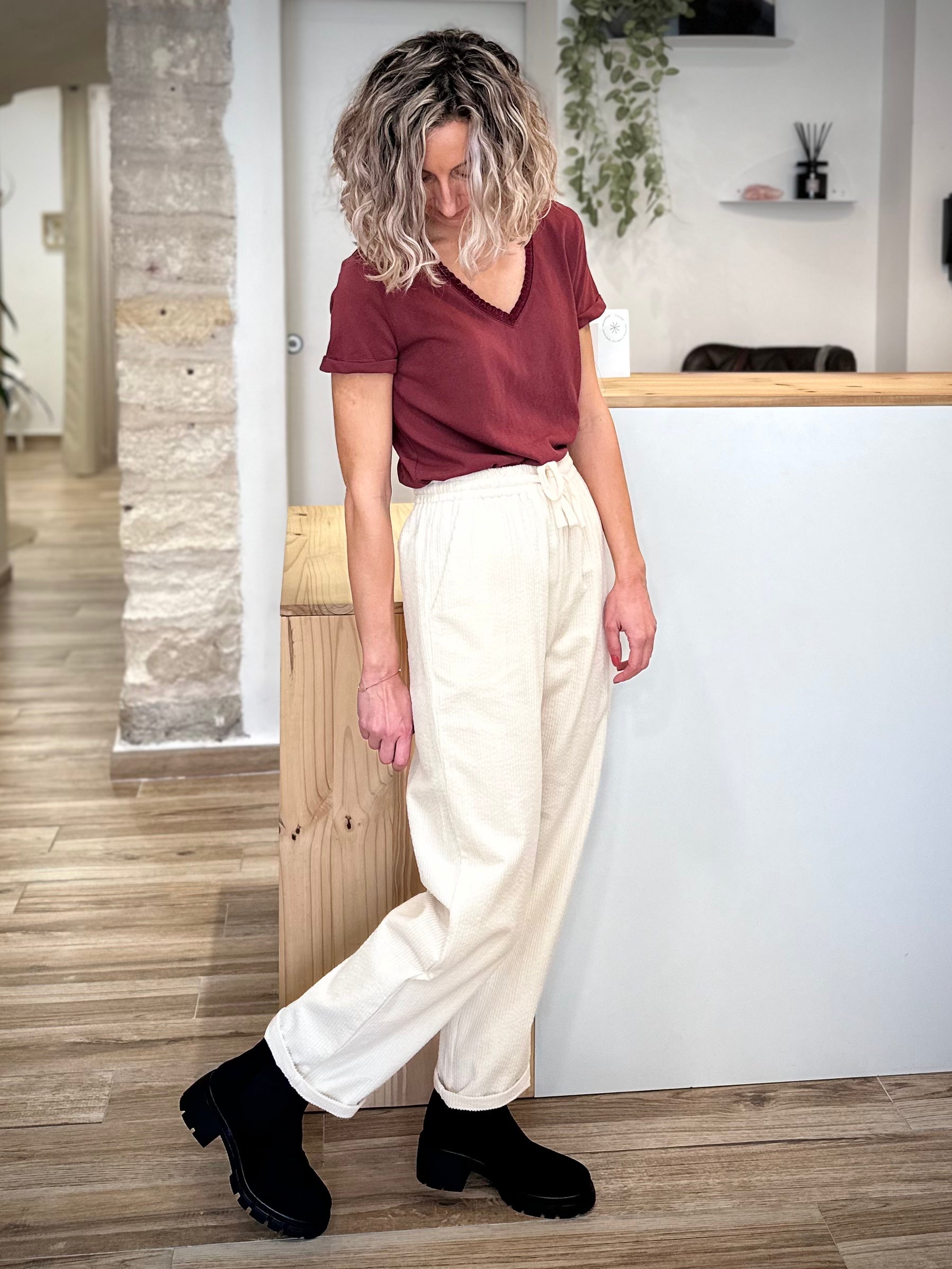Pantalon en coton velours écru