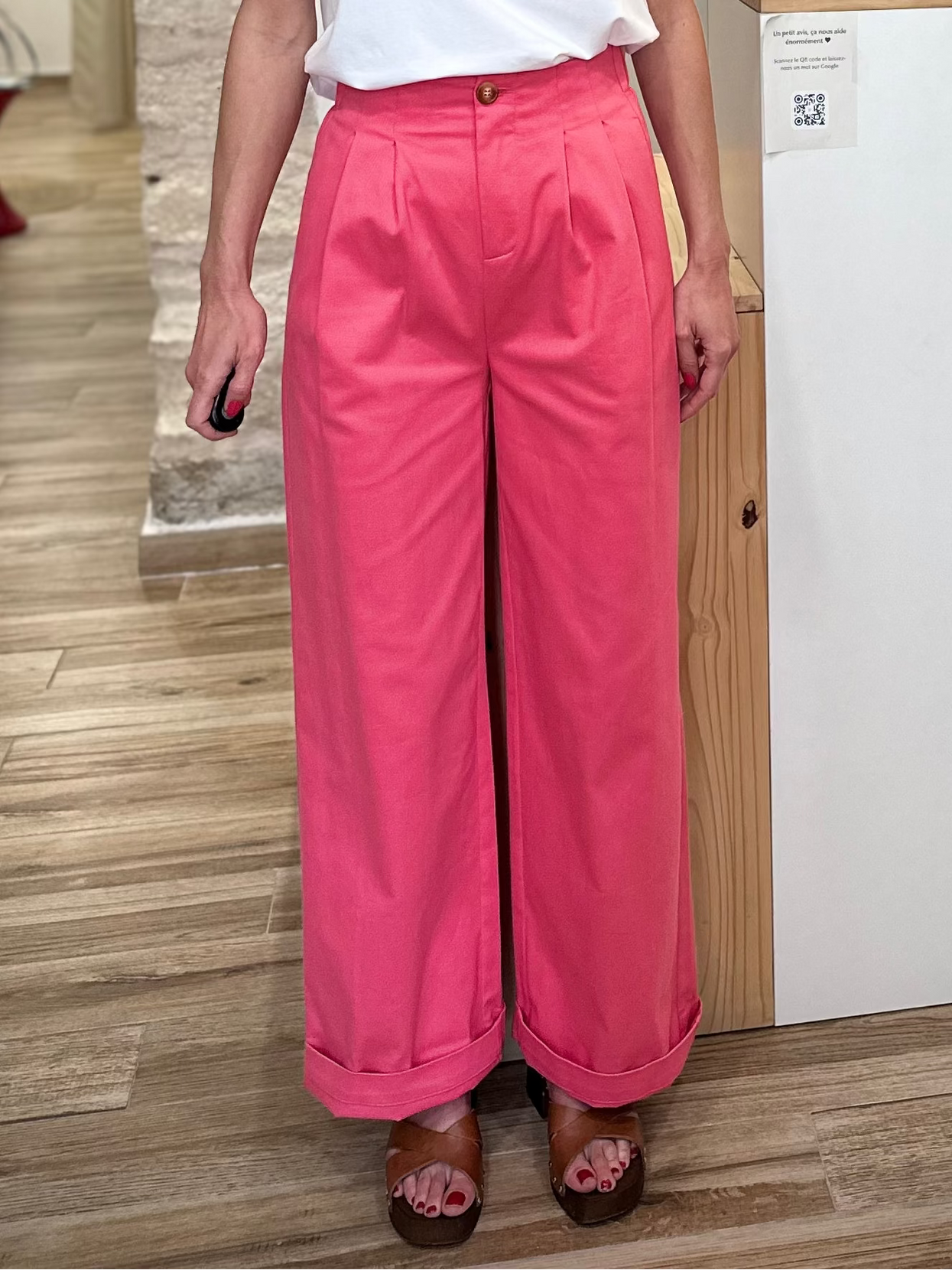Pantalon taille haute rose femme coupe ample