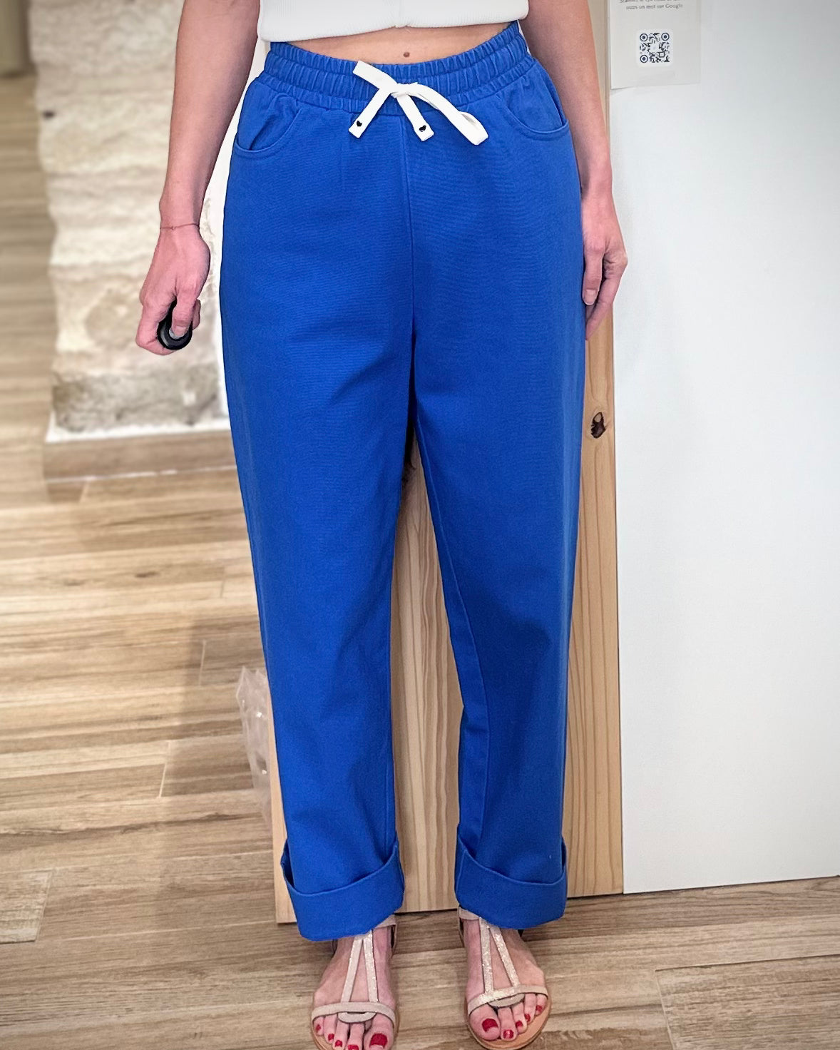 Pantalon femme taille haute bleu casual chic 