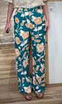 Pantalon fluide imprimé floral vert en lin et viscose 