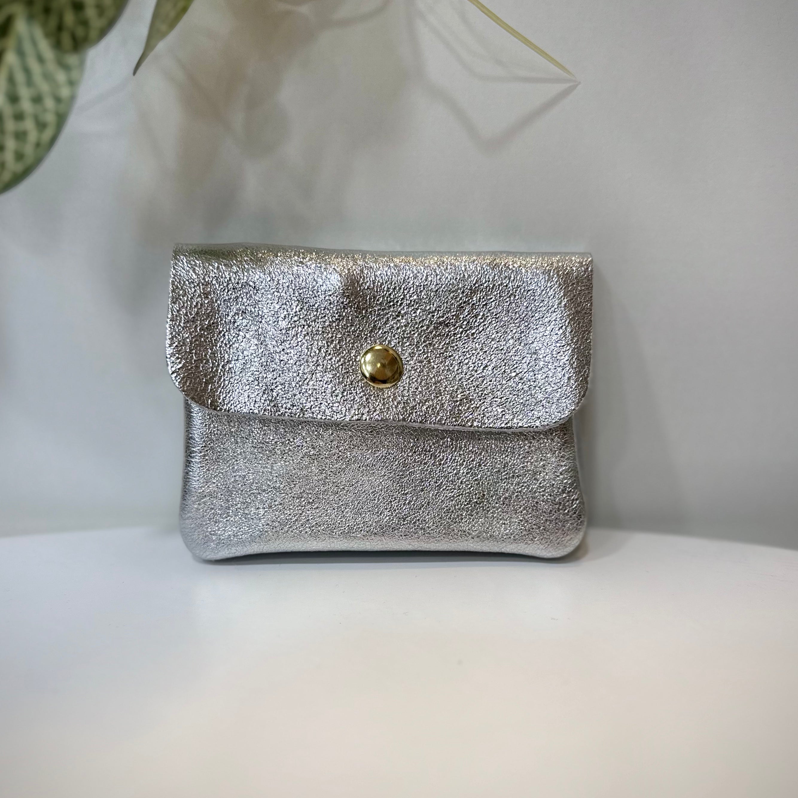 Porte-monnaie en cuir argenté modèle Solea sur fond clair