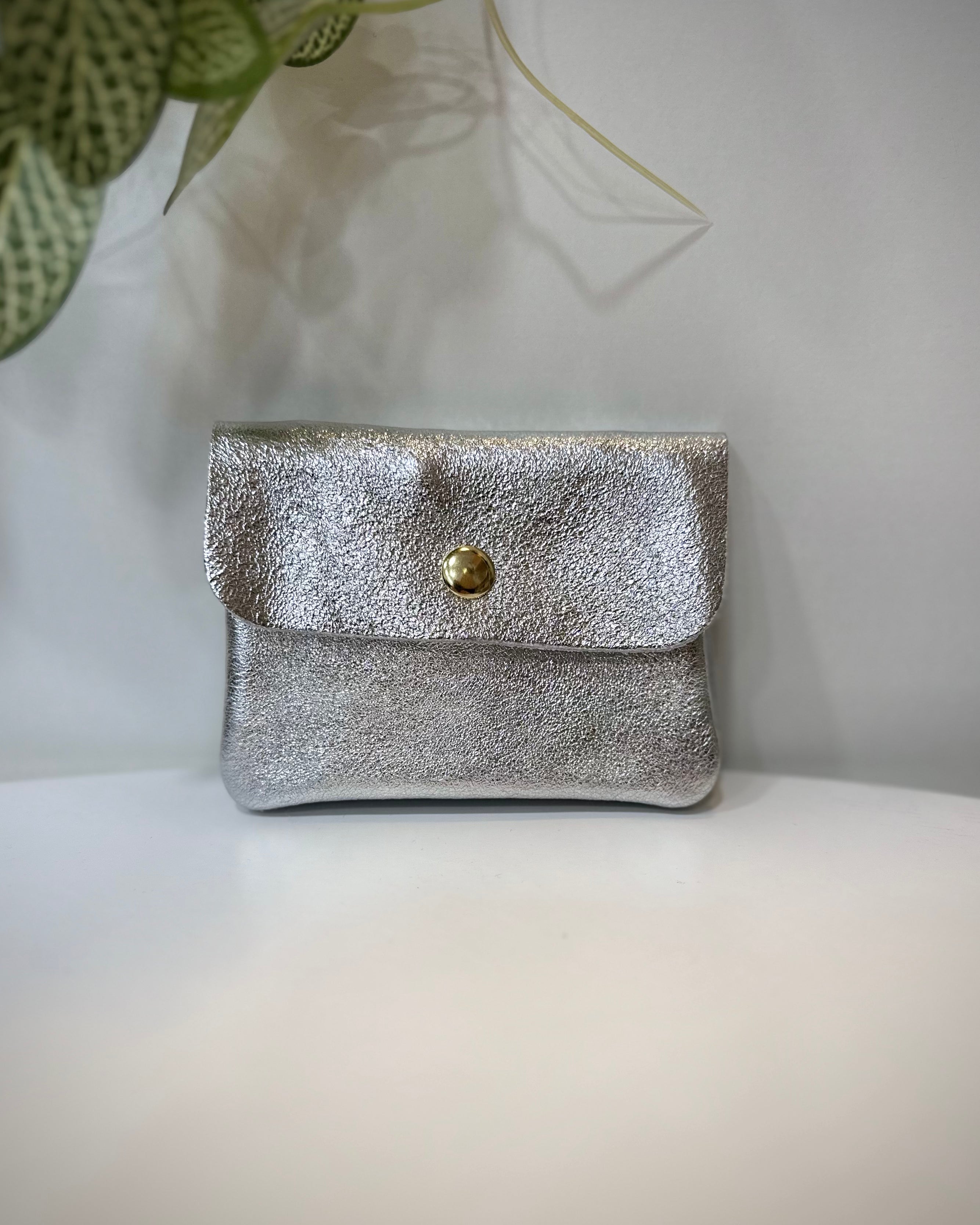 Porte-monnaie en cuir argenté modèle Solea sur fond clair