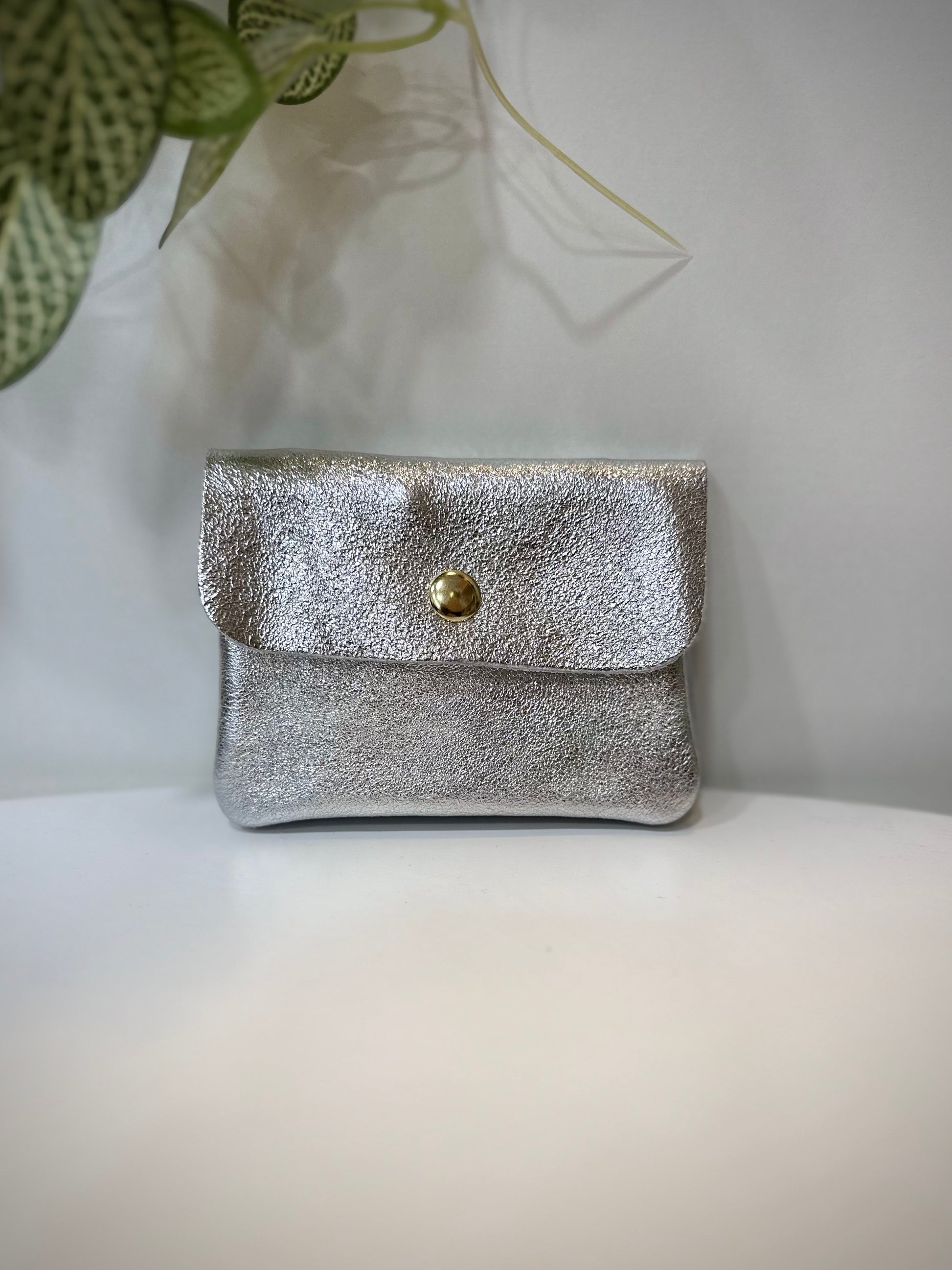 Porte-monnaie en cuir argenté modèle Solea sur fond clair