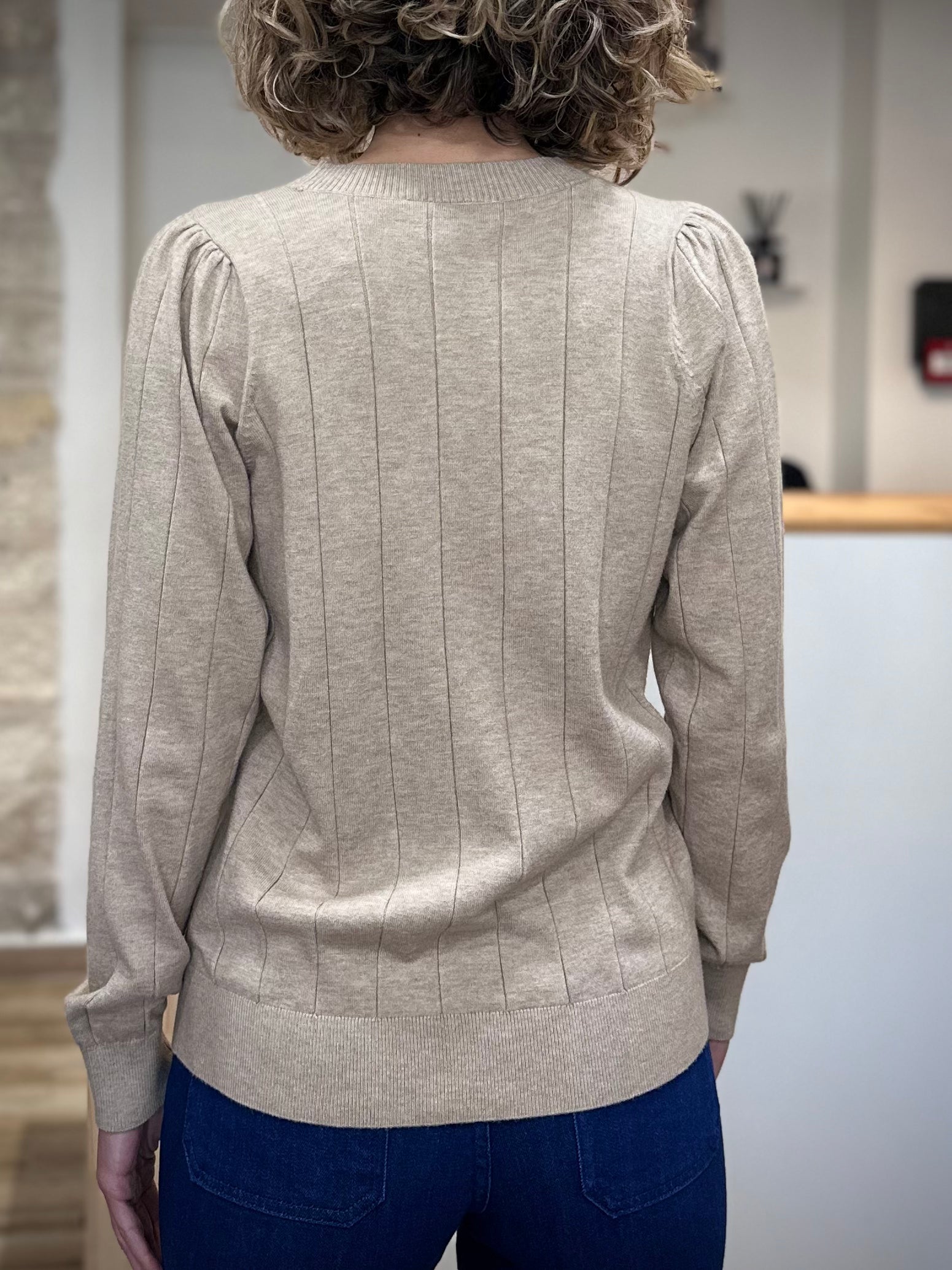 Silhouette féminine avec pull beige classique de dos