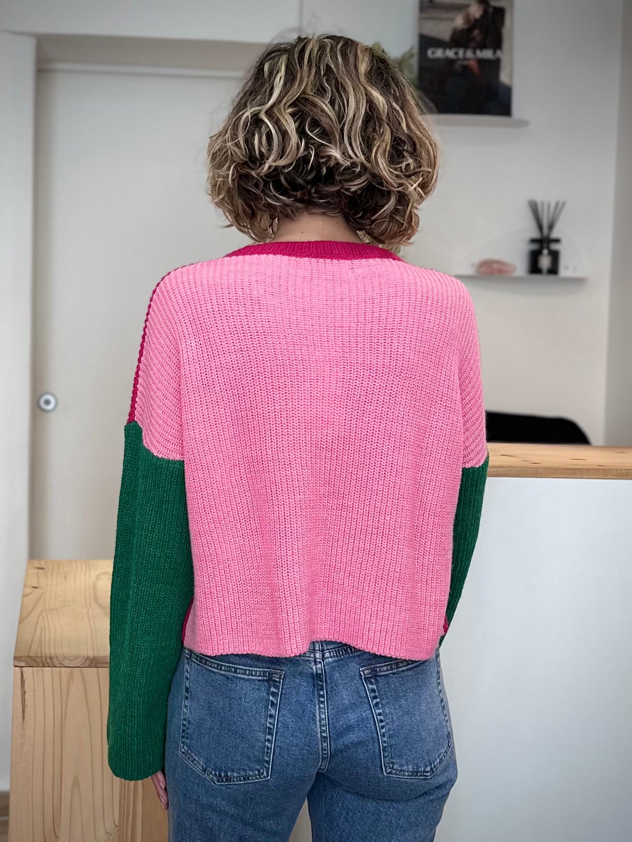 Dos du pull Mamma rose & vert